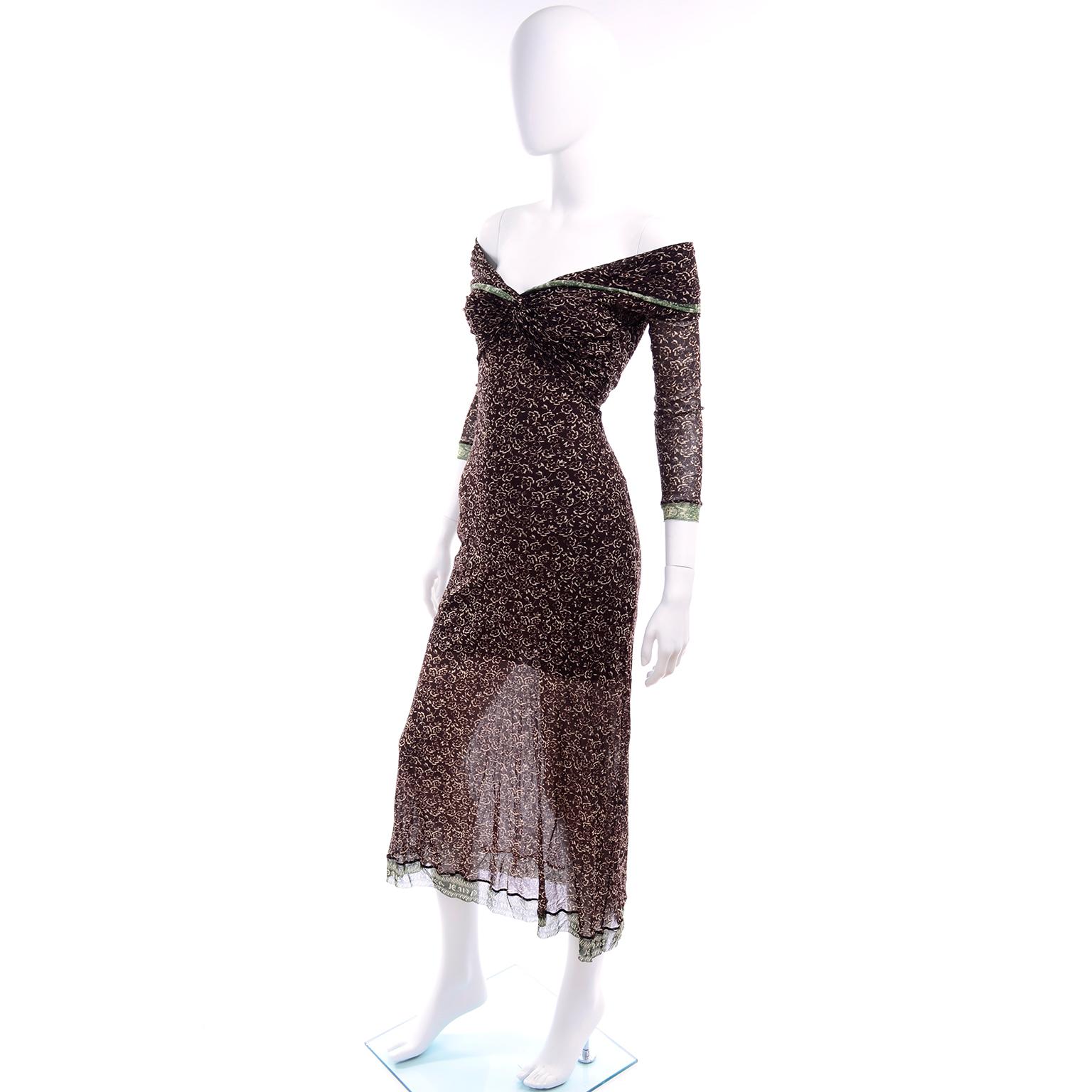 Women's Vintage Jean Paul Gaultier Maille Classique Brown Stretch Mesh Dress W Logo Trim