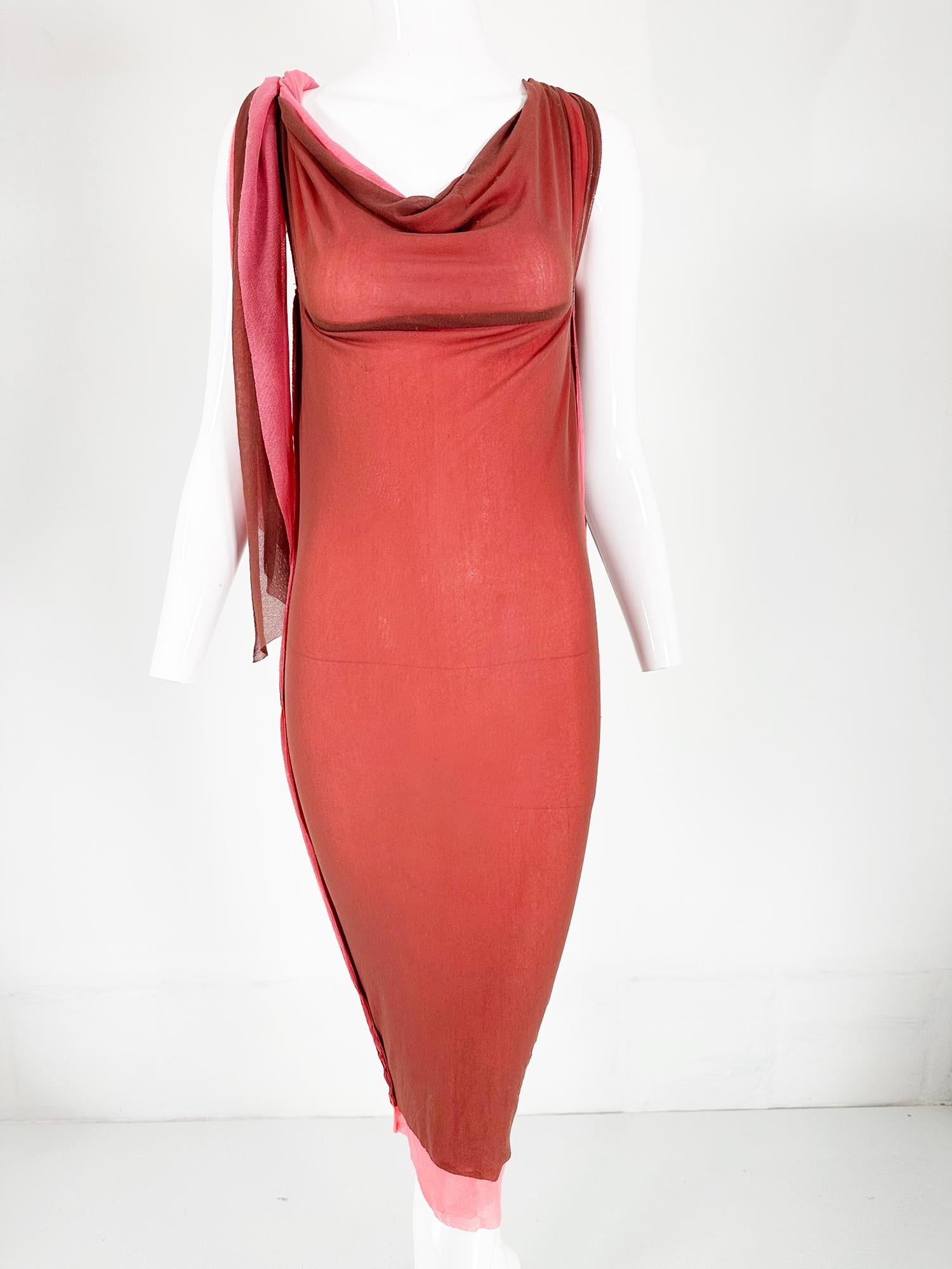 Jean Paul Gaultier Maille coral pink & brown sheer mesh tube dress with ties. Bandeau top with long ties to wrap at the neck or around the top or however you choose. Simple tube pull on dress, with 2 layers in coral & brown, the seams are raw edge.