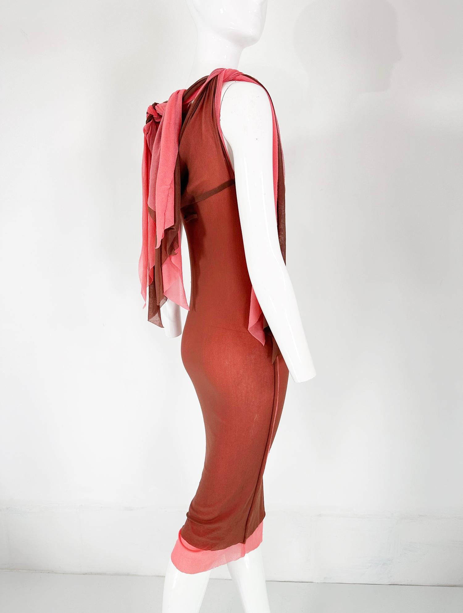 Jean Paul Gaultier Maille Coral & Brown Sheer Mesh Tie Tube Dress For Sale 1