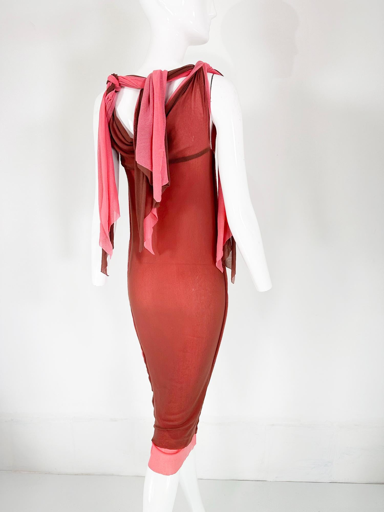 Jean Paul Gaultier Maille Coral & Brown Sheer Mesh Tie Tube Dress For Sale 2