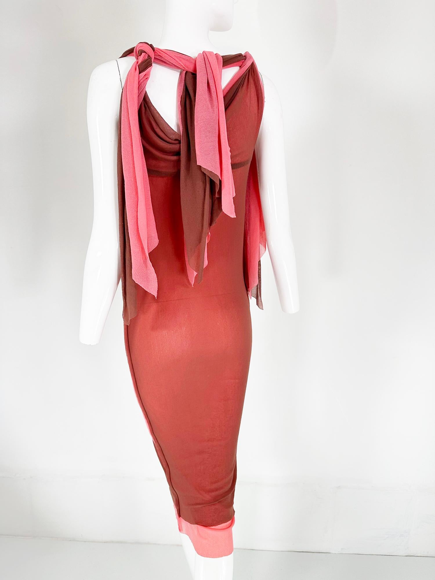 Jean Paul Gaultier Maille Coral & Brown Sheer Mesh Tie Tube Dress For Sale 3