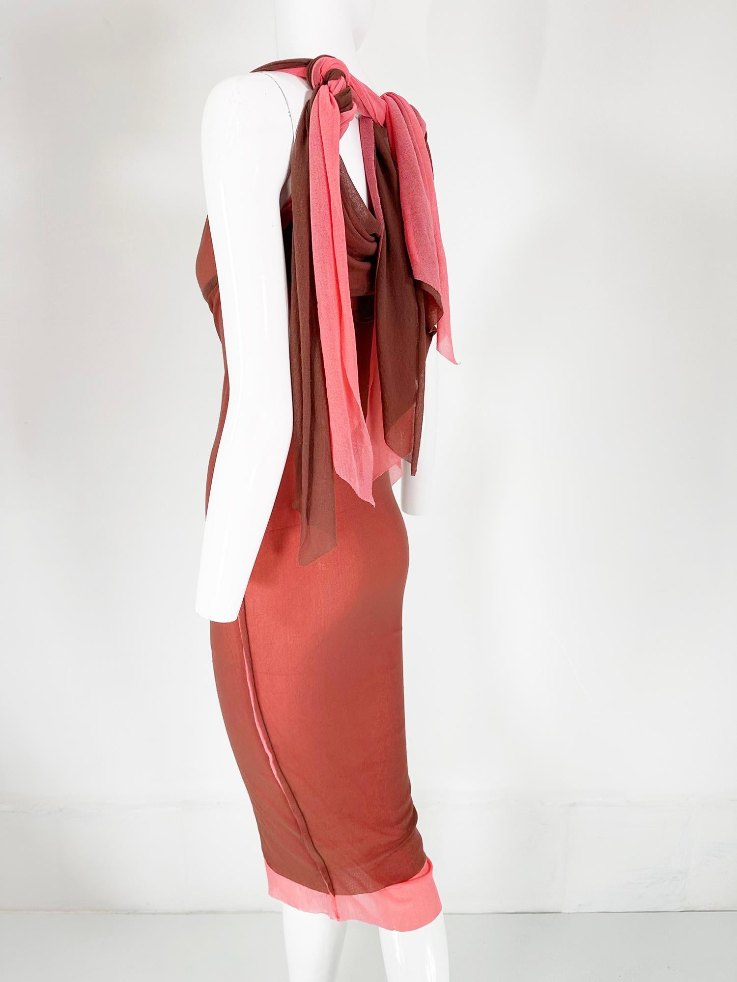 Jean Paul Gaultier Maille Coral & Brown Sheer Mesh Tie Tube Dress For Sale 4