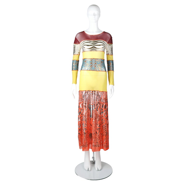 jean paul gaultier asymmetric printed metallic knitted maxi dress Maille 'Cyberbaba' Tribal Foil Mesh Spring Summer 1996 For Sale at 1stDibs Alex Evenings Women's Beige organic_linen_dress Color:Slate Stretch jersey maxi dress