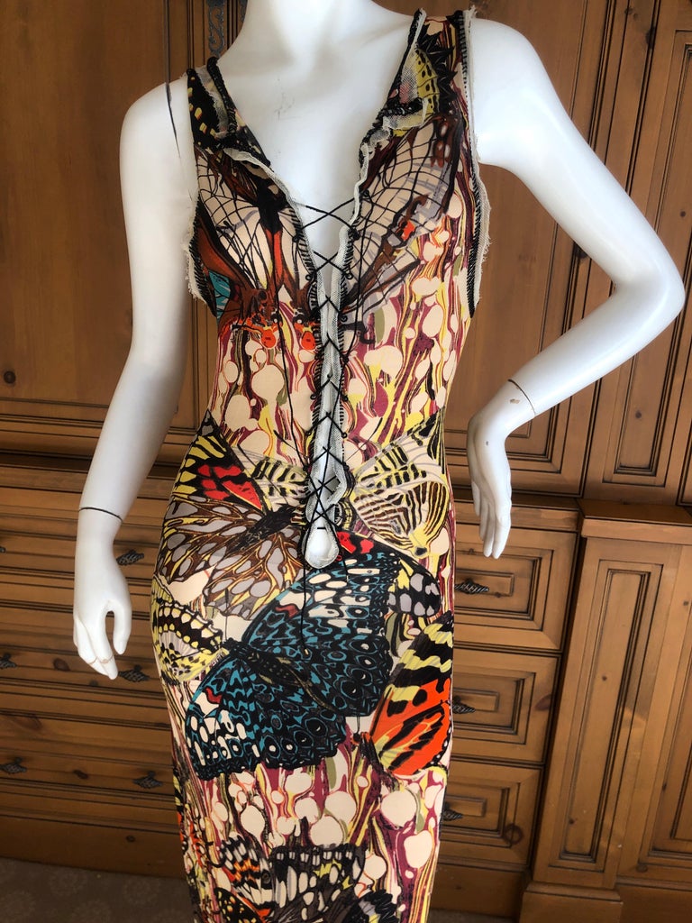 Jean Paul Gaultier Maille Feme Low Cut Butterfly Print Dress w Lace Up ...