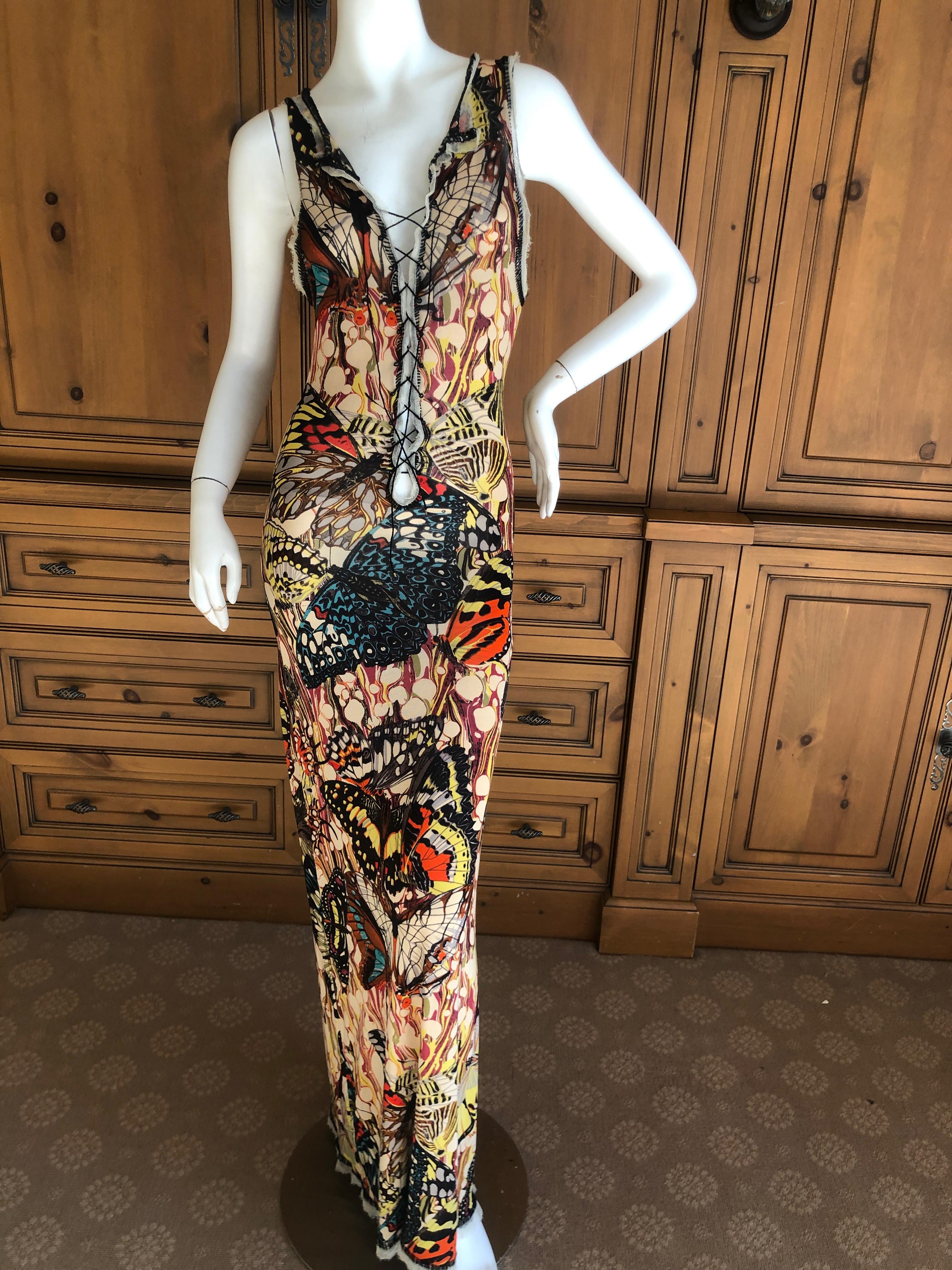 Jean Paul Gaultier Maille Feme Low Cut Butterfly Print Dress w Lace Up Details L In Excellent Condition For Sale In Cloverdale, CA