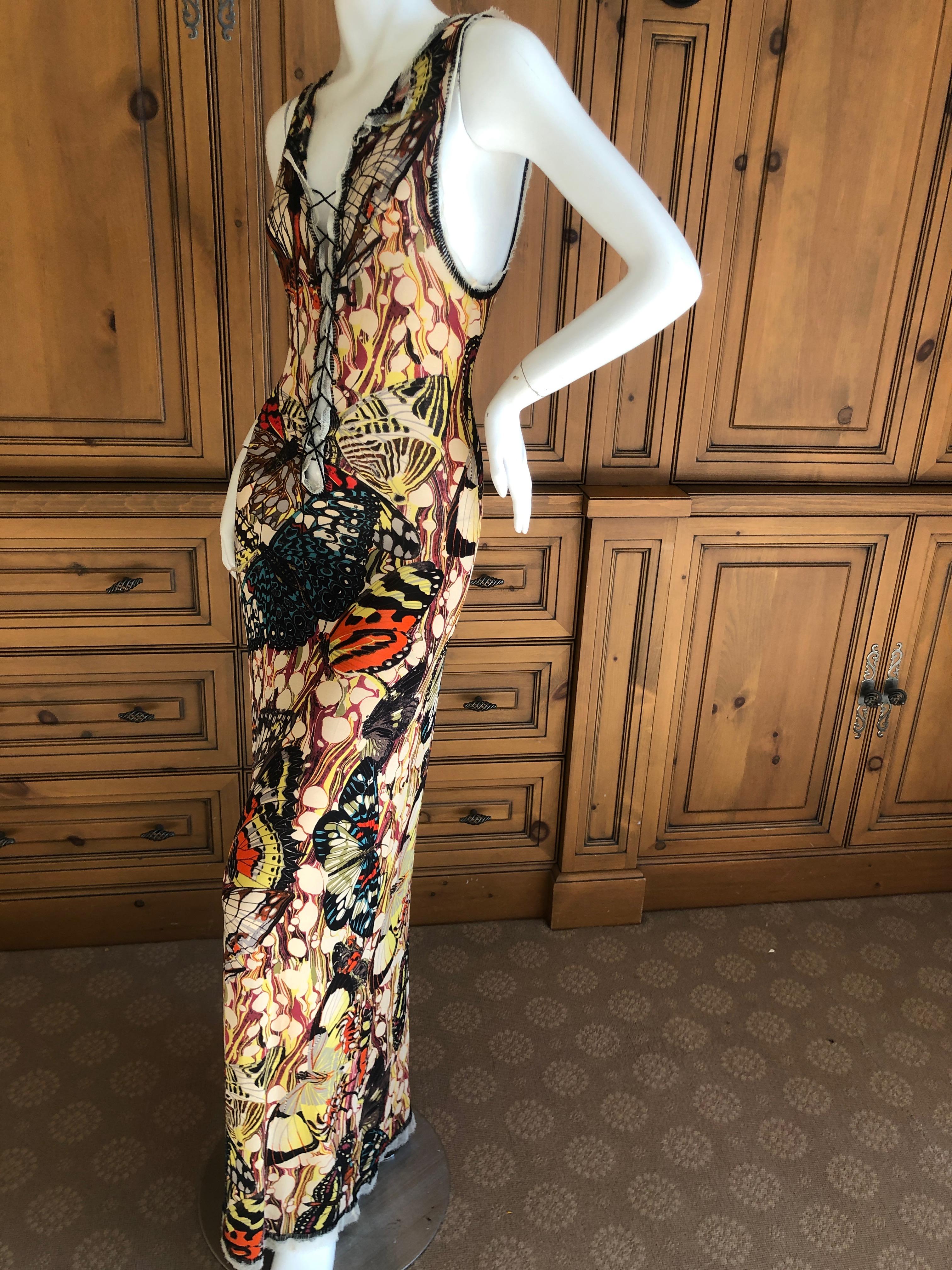 Women's Jean Paul Gaultier Maille Feme Low Cut Butterfly Print Dress w Lace Up Details L For Sale