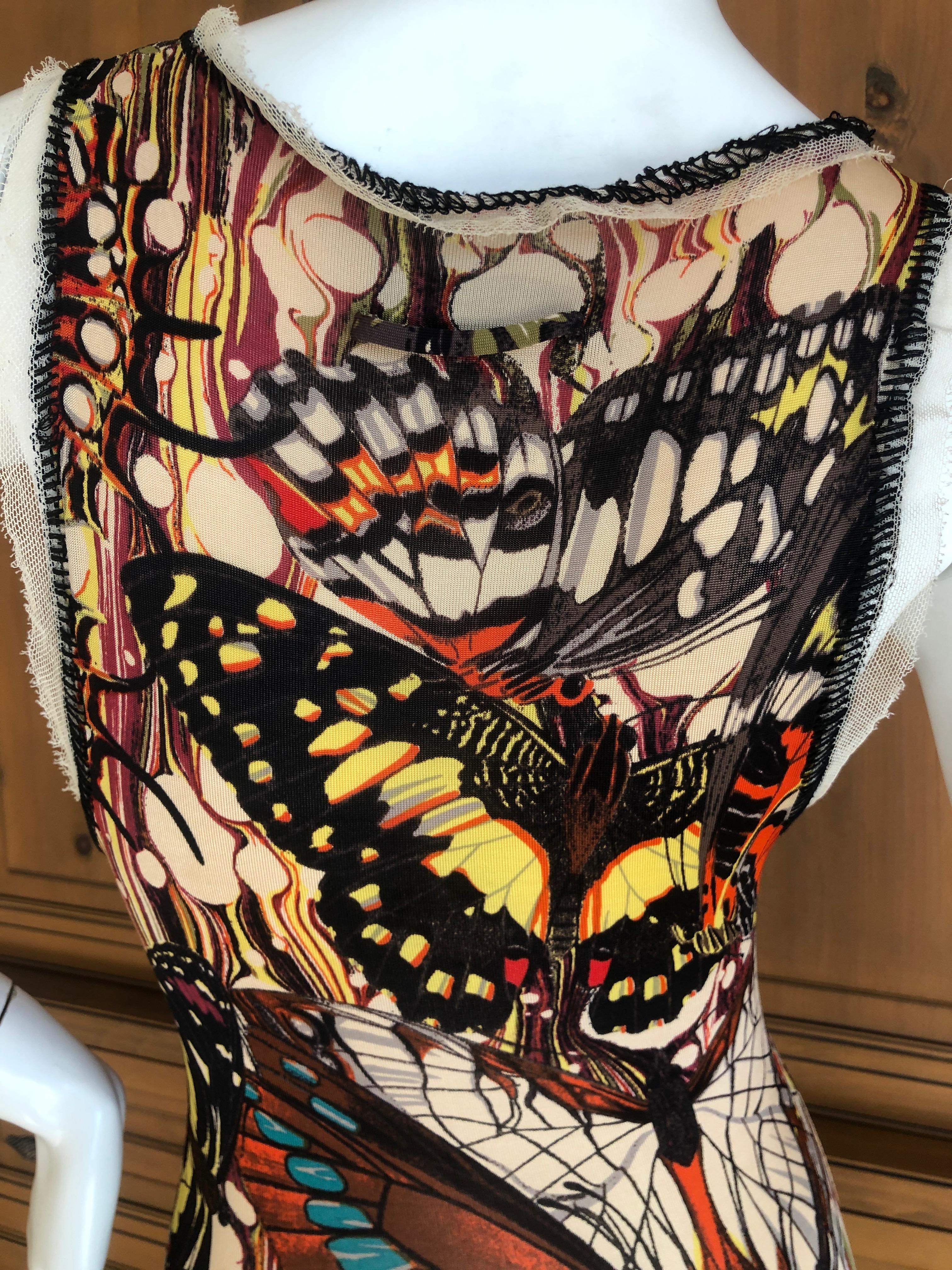 Jean Paul Gaultier Maille Feme Low Cut Butterfly Print Dress w Lace Up Details L For Sale 2