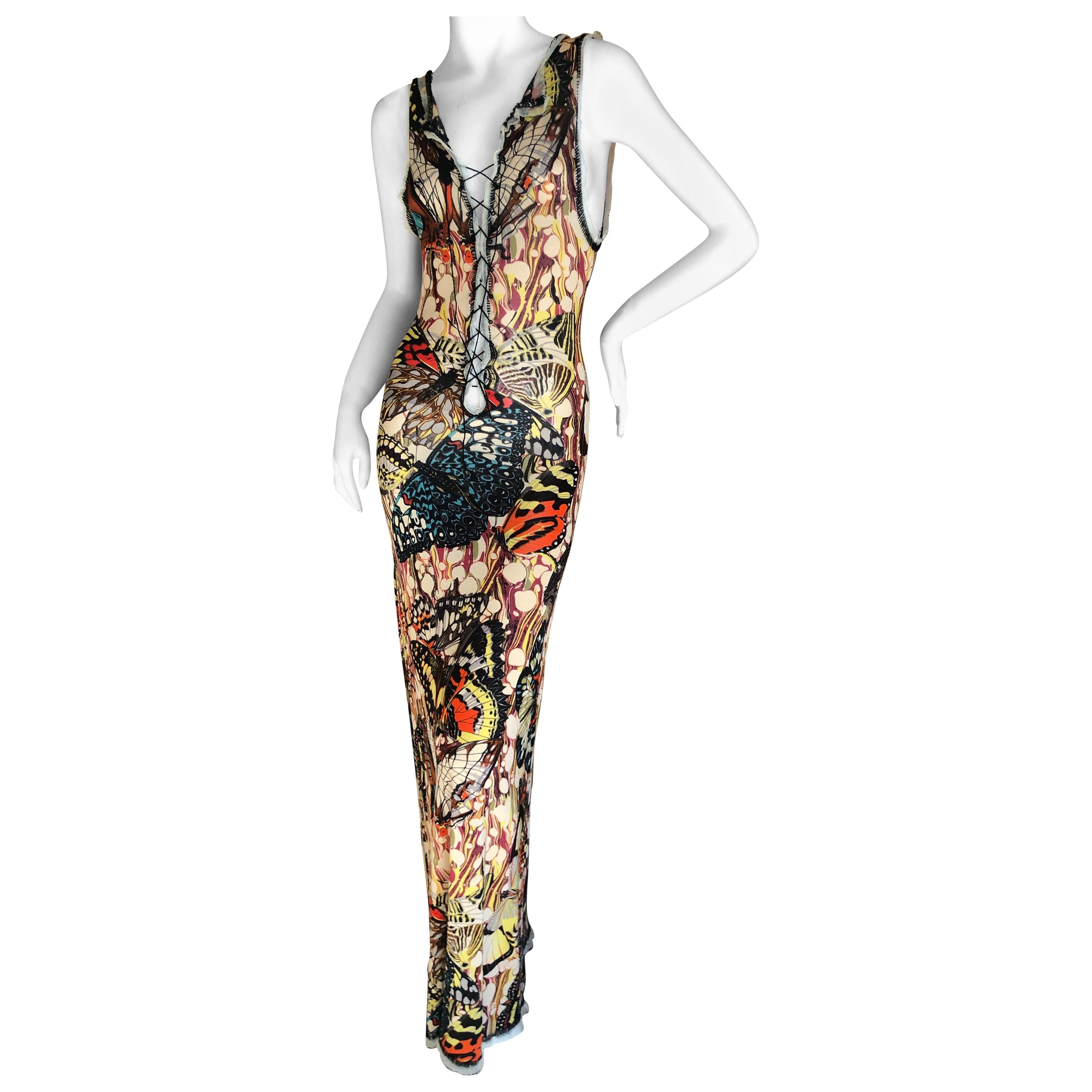 Jean Paul Gaultier Maille Feme Low Cut Butterfly Print Dress w Lace Up Details L For Sale