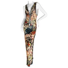 Jean Paul Gaultier Maille Feme Low Cut Butterfly Print Dress w Lace Up Details L