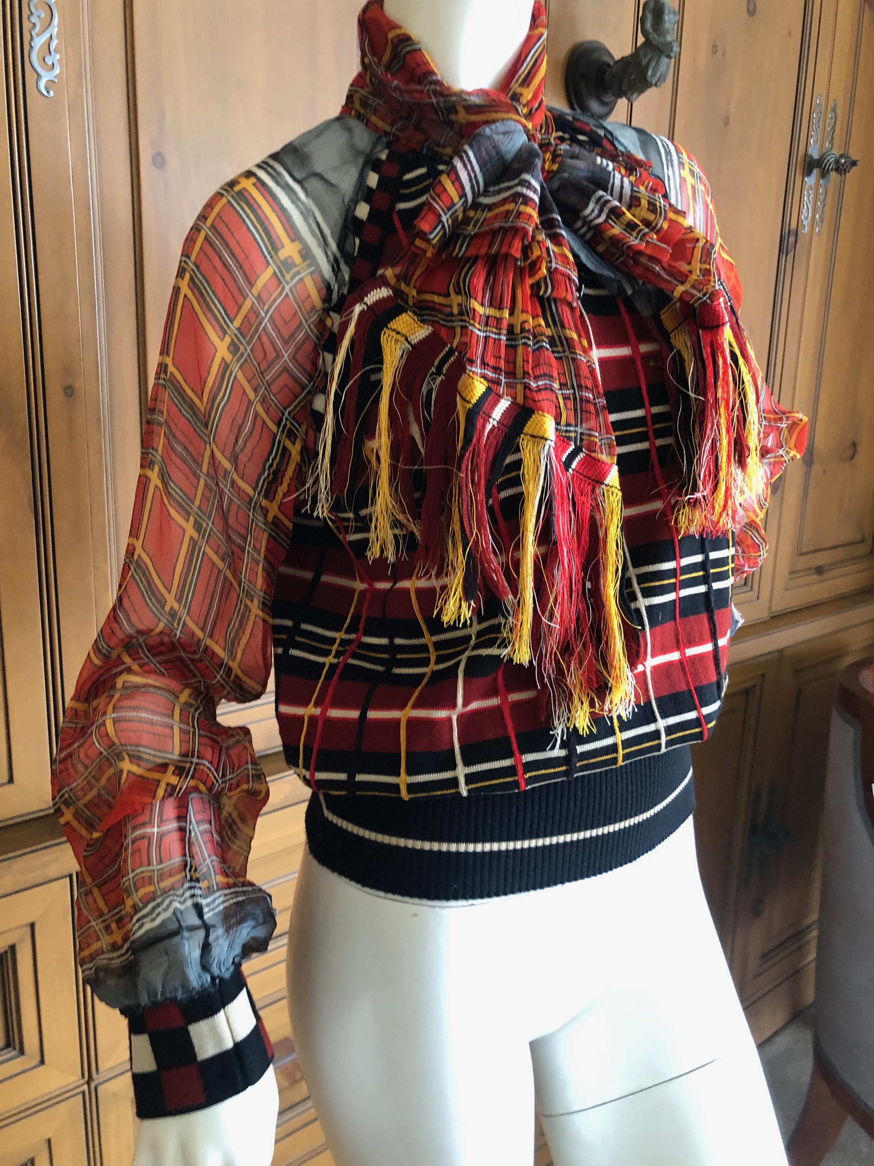 Jean Paul Gaultier Maille Femme 1987 Plaid Top w Sheer Poet Sleeves Fringed Bow In Excellent Condition In Cloverdale, CA