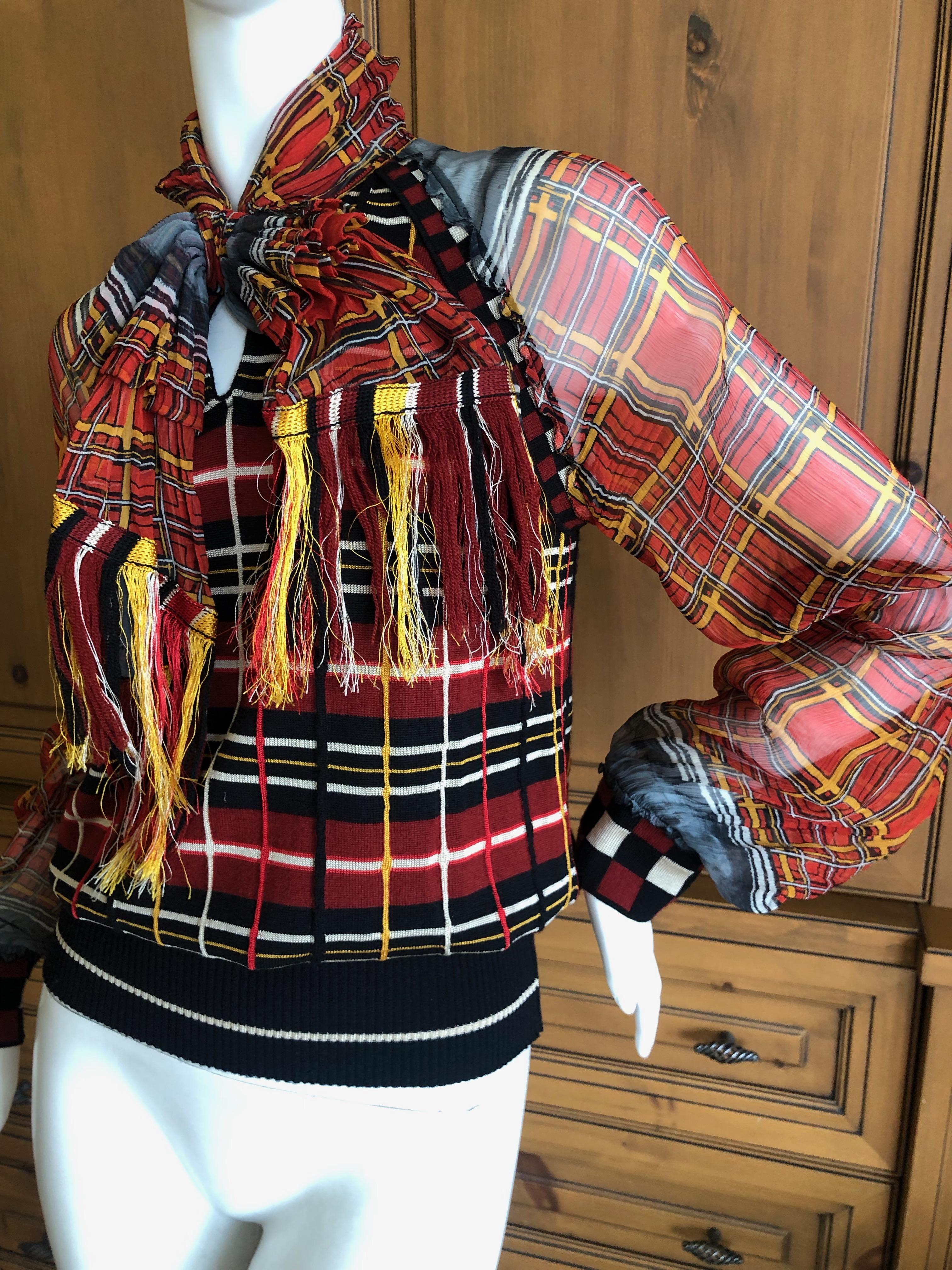 Women's Jean Paul Gaultier Maille Femme 1987 Plaid Top w Sheer Poet Sleeves Fringed Bow