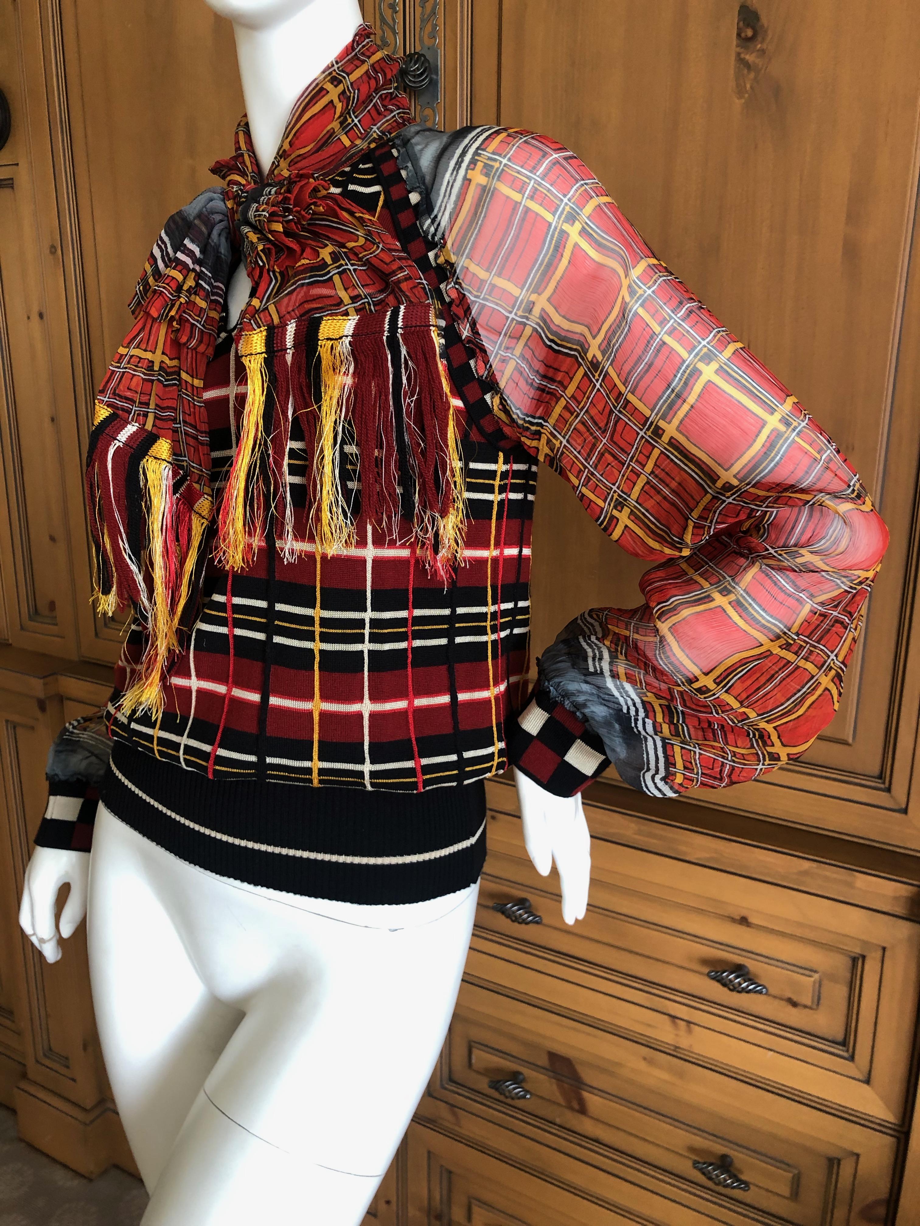 Jean Paul Gaultier Maille Femme 1987 Plaid Top w Sheer Poet Sleeves Fringed Bow 1