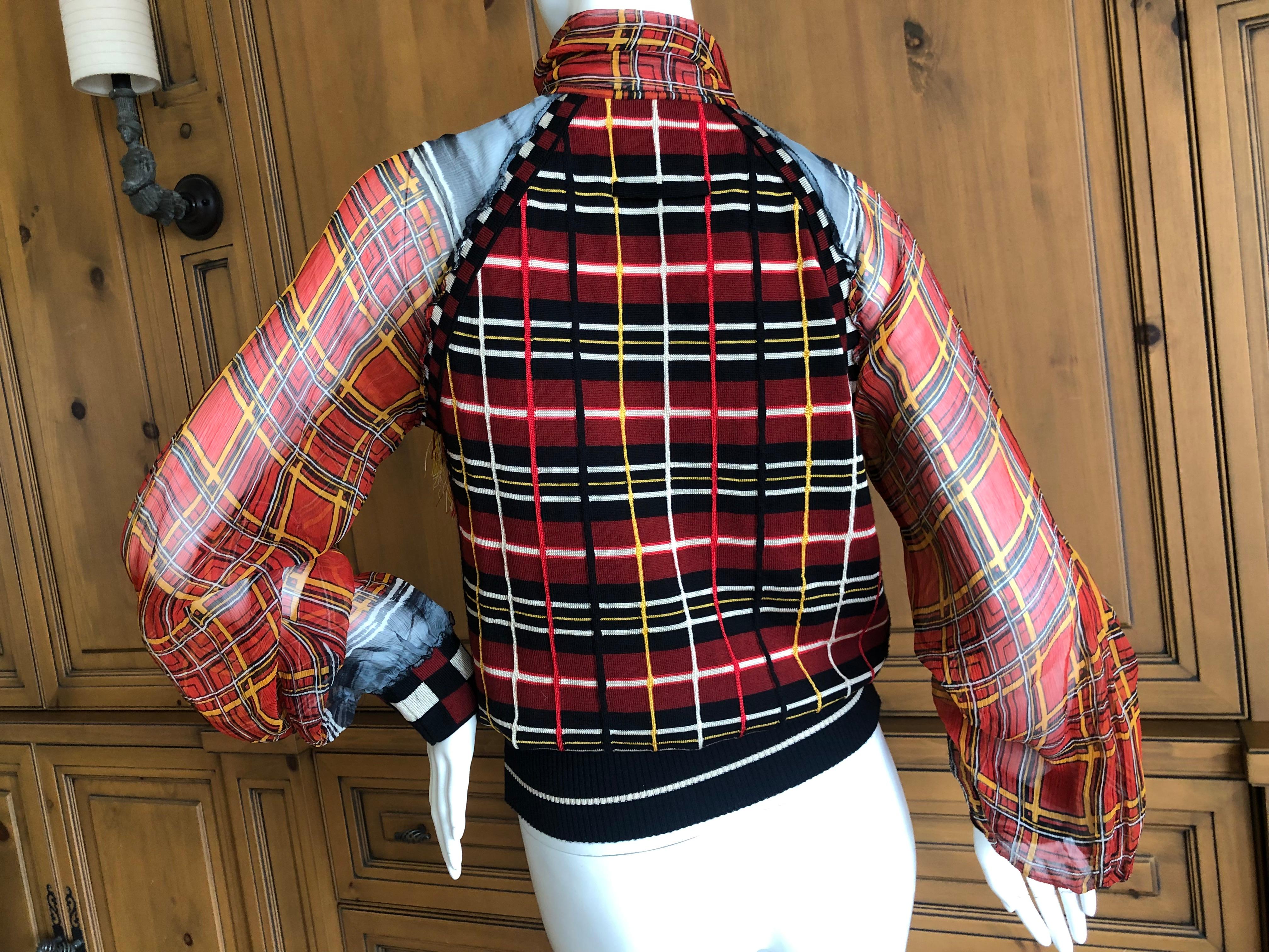 Jean Paul Gaultier Maille Femme 1987 Plaid Top w Sheer Poet Sleeves Fringed Bow 2