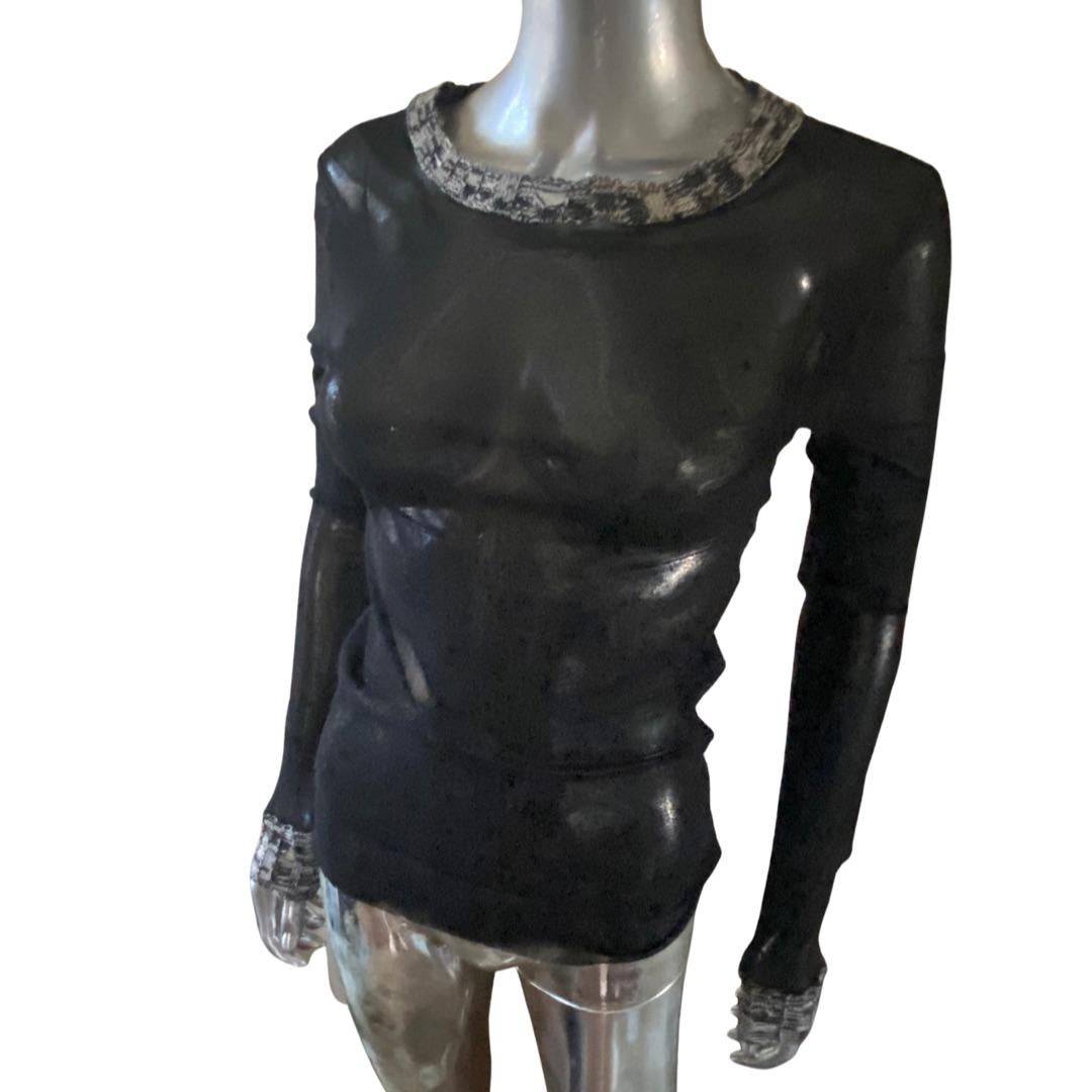 Black Jean Paul Gaultier Maille Femme Mesh T-Shirt With Hand Knit Trim Size Medium For Sale