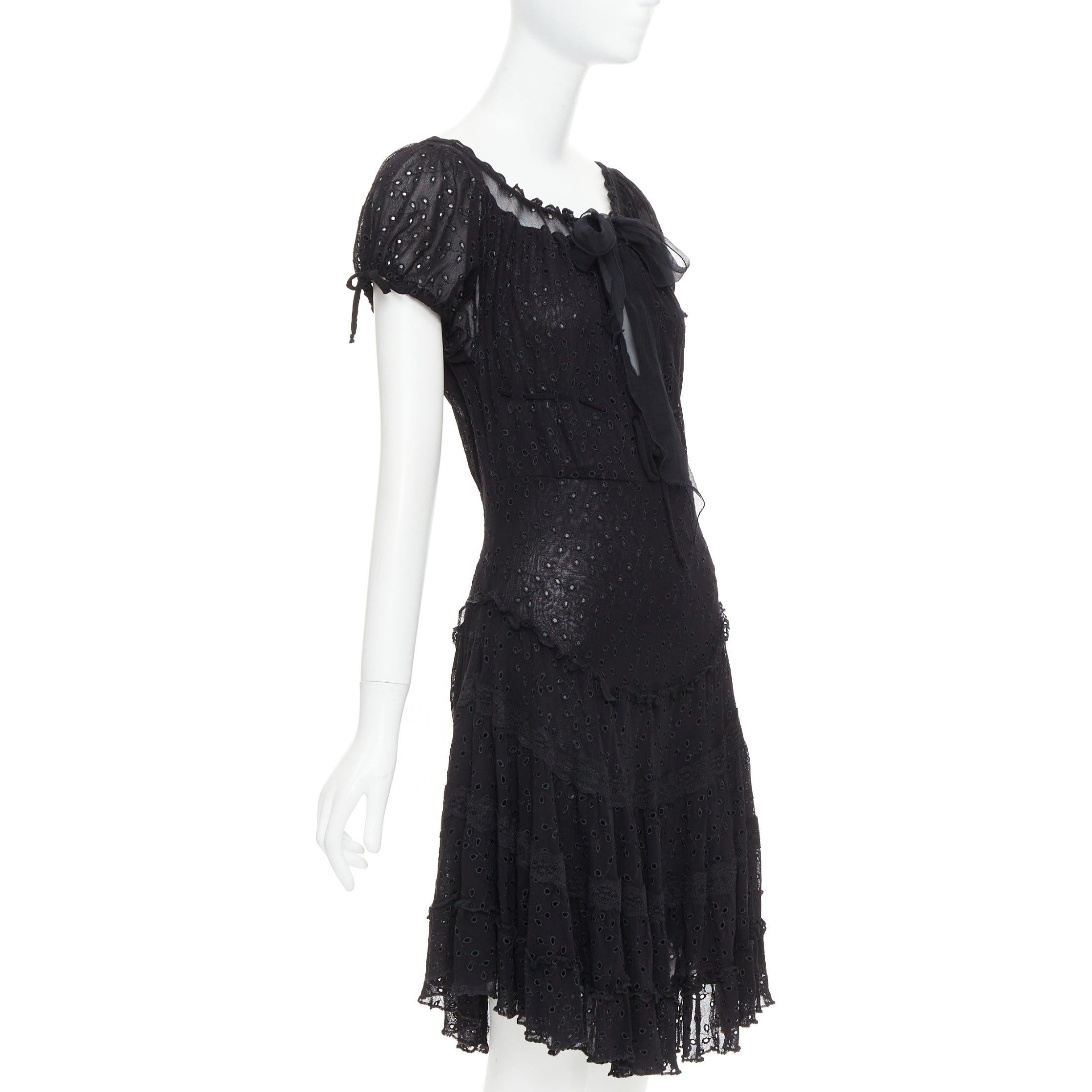 Black JEAN PAUL GAULTIER MAILLE FEMME Vintage black eyelet ruffle self tie dress M For Sale