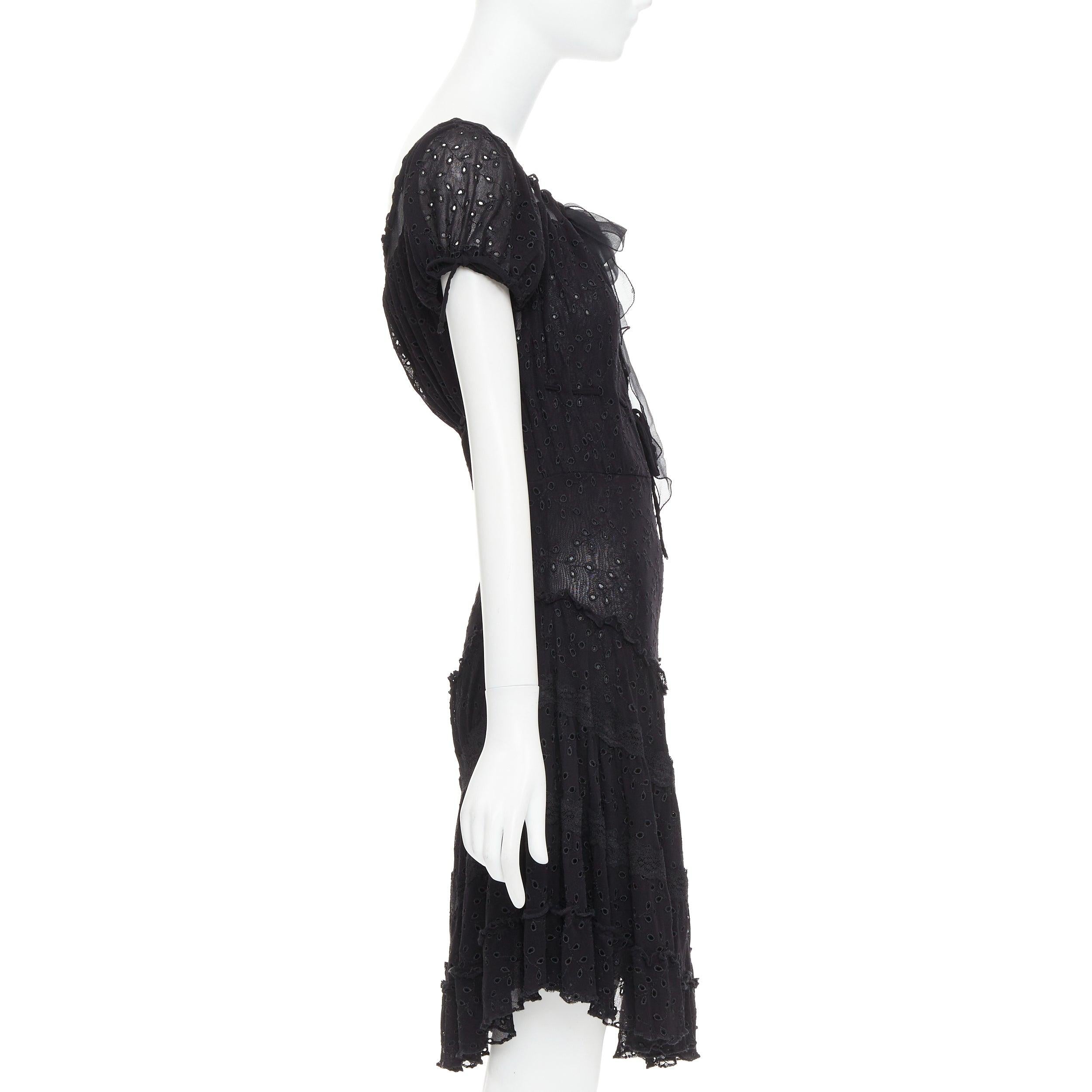 JEAN PAUL GAULTIER MAILLE FEMME Vintage black eyelet ruffle self tie dress M In Excellent Condition For Sale In Hong Kong, NT