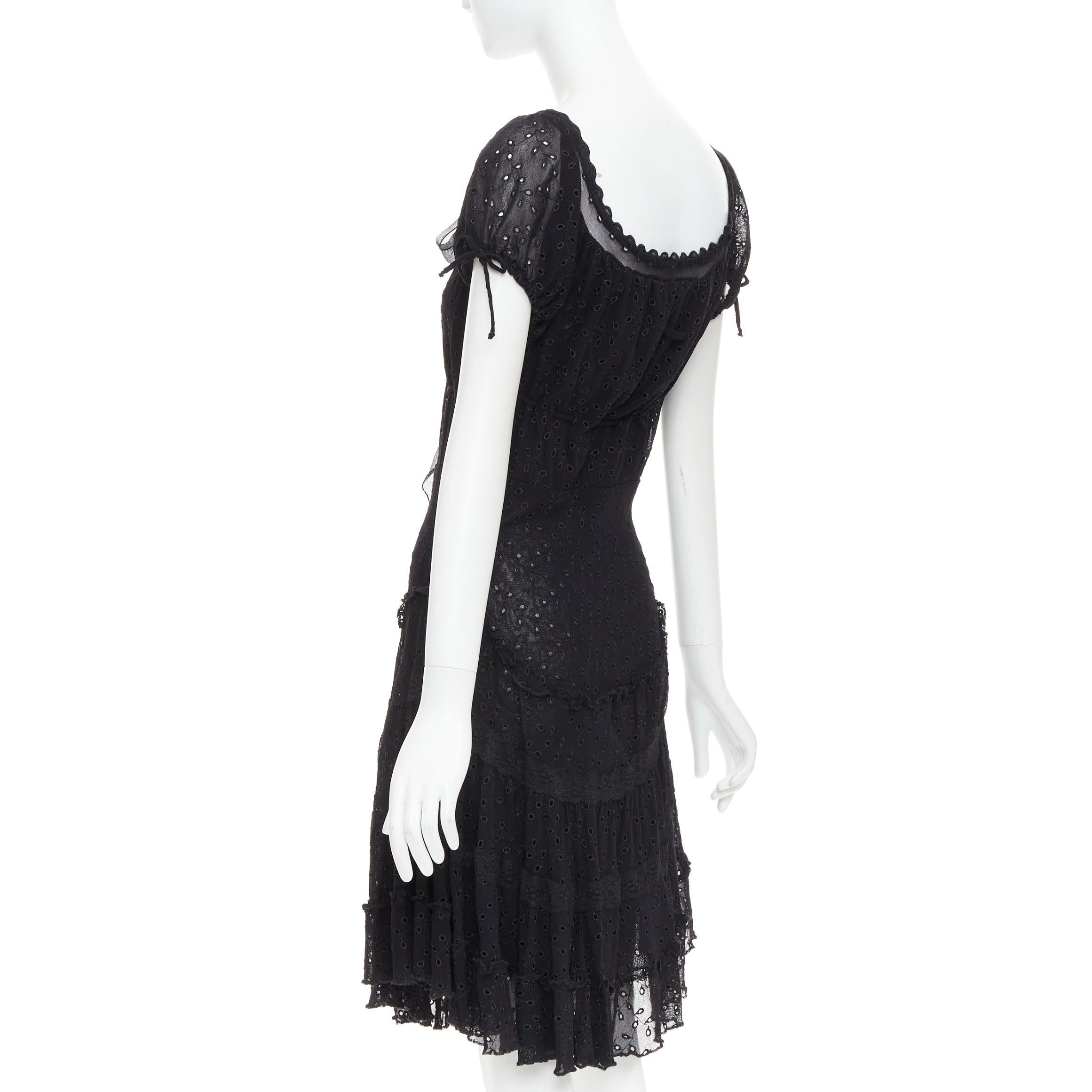 JEAN PAUL GAULTIER MAILLE FEMME Vintage black eyelet ruffle self tie dress M For Sale 1