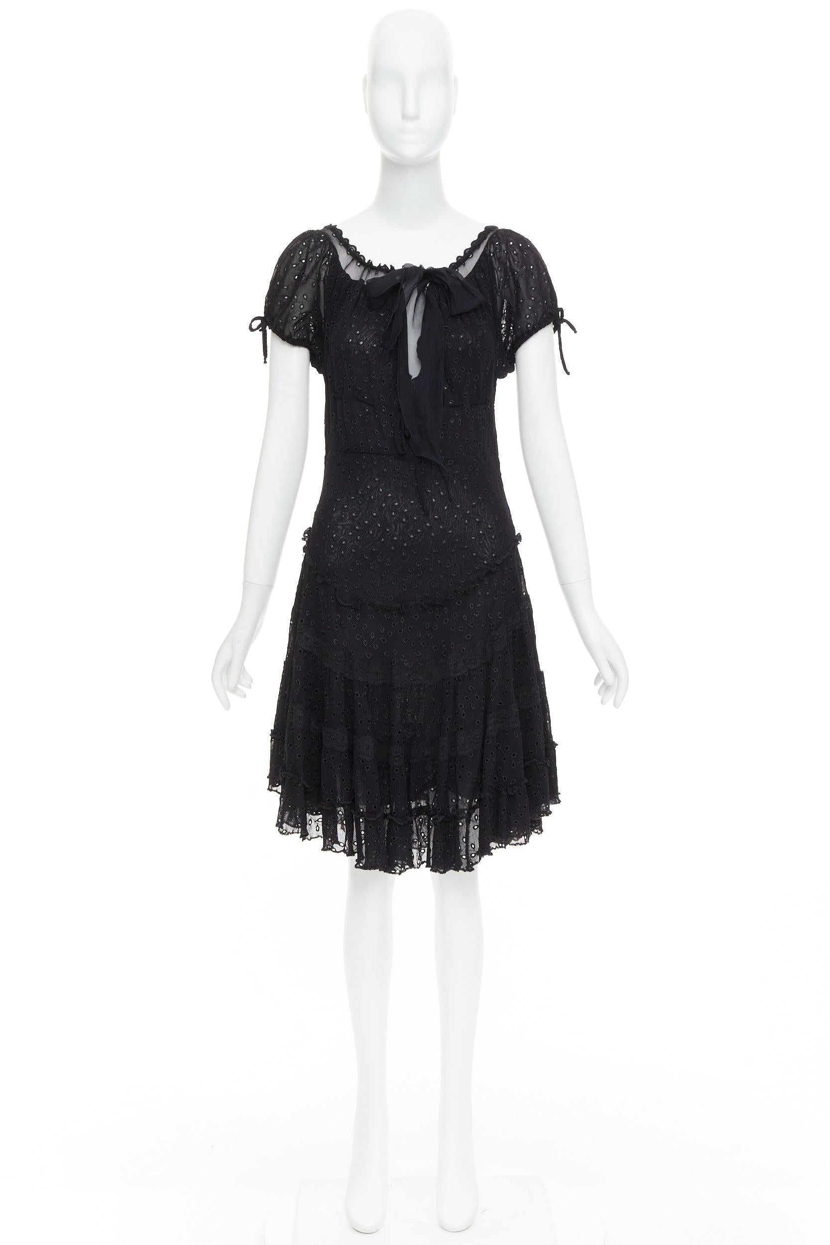 JEAN PAUL GAULTIER MAILLE FEMME Vintage black eyelet ruffle self tie dress M For Sale 4