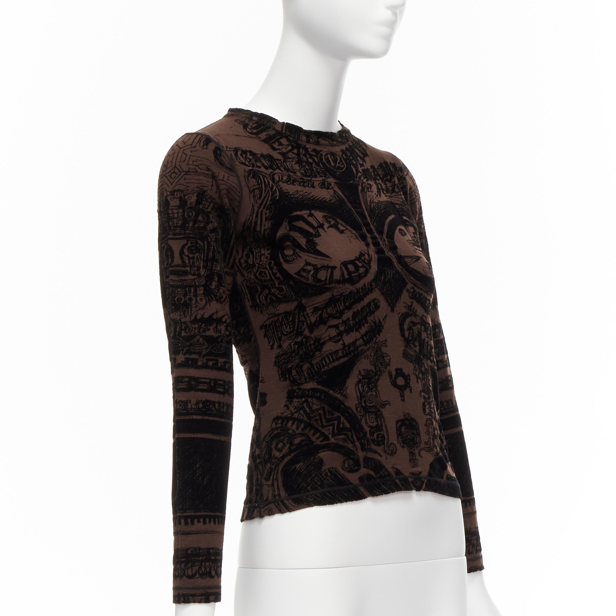 JEAN PAUL GAULTIER MAILLE FEMME Vintage brown velvet damask logo crew neck top S In Good Condition In Hong Kong, NT