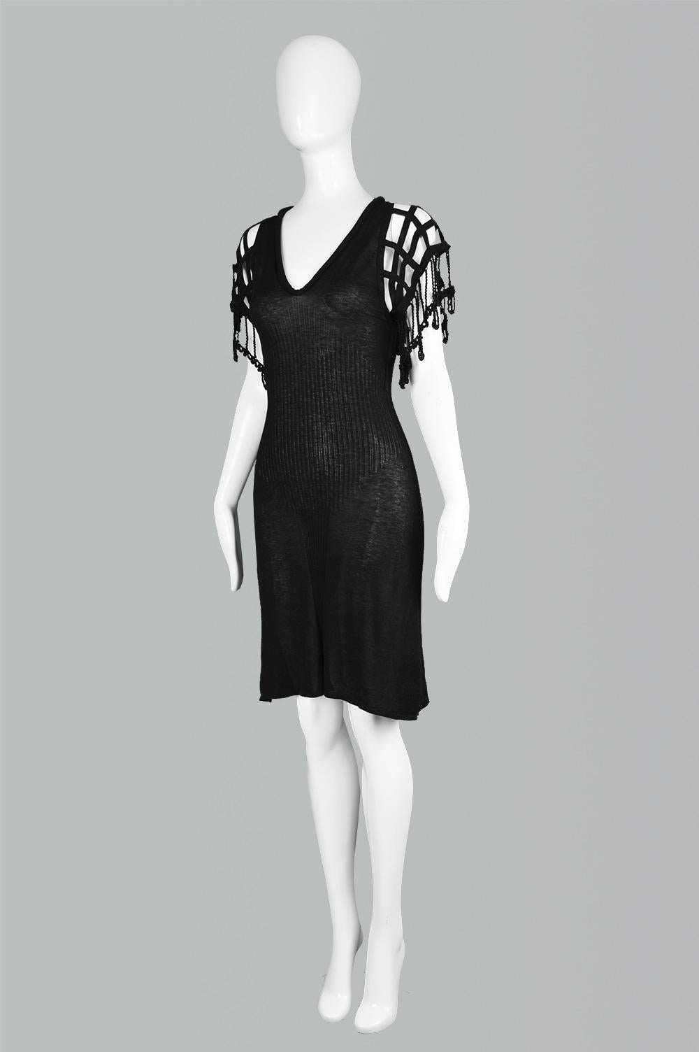 Black Jean Paul Gaultier Maille Femme Vintage Fine Knit Crochet Sleeve Dress For Sale