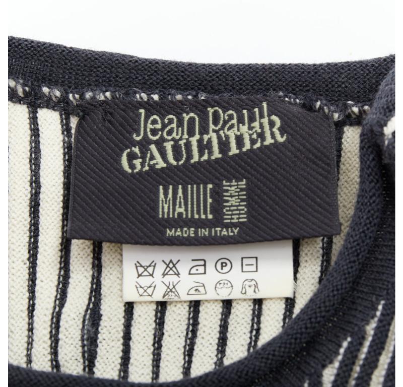 JEAN PAUL GAULTIER MAILLE HOMME 100% virgin wool white navy ribbed top M For Sale 3
