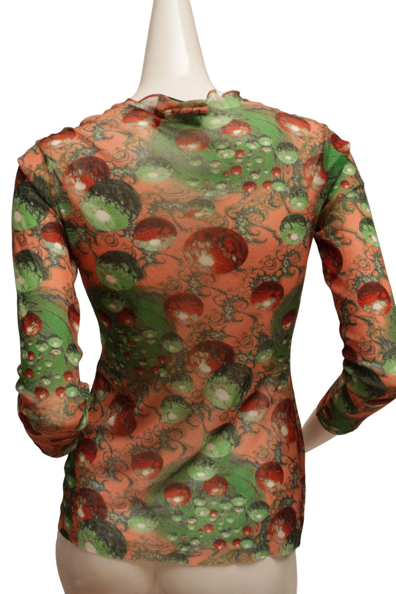 JEAN PAUL GAULTIER, Maille, 1996 AW, Psychedelic Planetary Green and Red tone Blackhole, Optical Illusion long sleeve mesh top.

Back length 24
