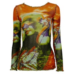 Jean Paul Gaultier Maille Tropical Print Faces Mesh Top Size S