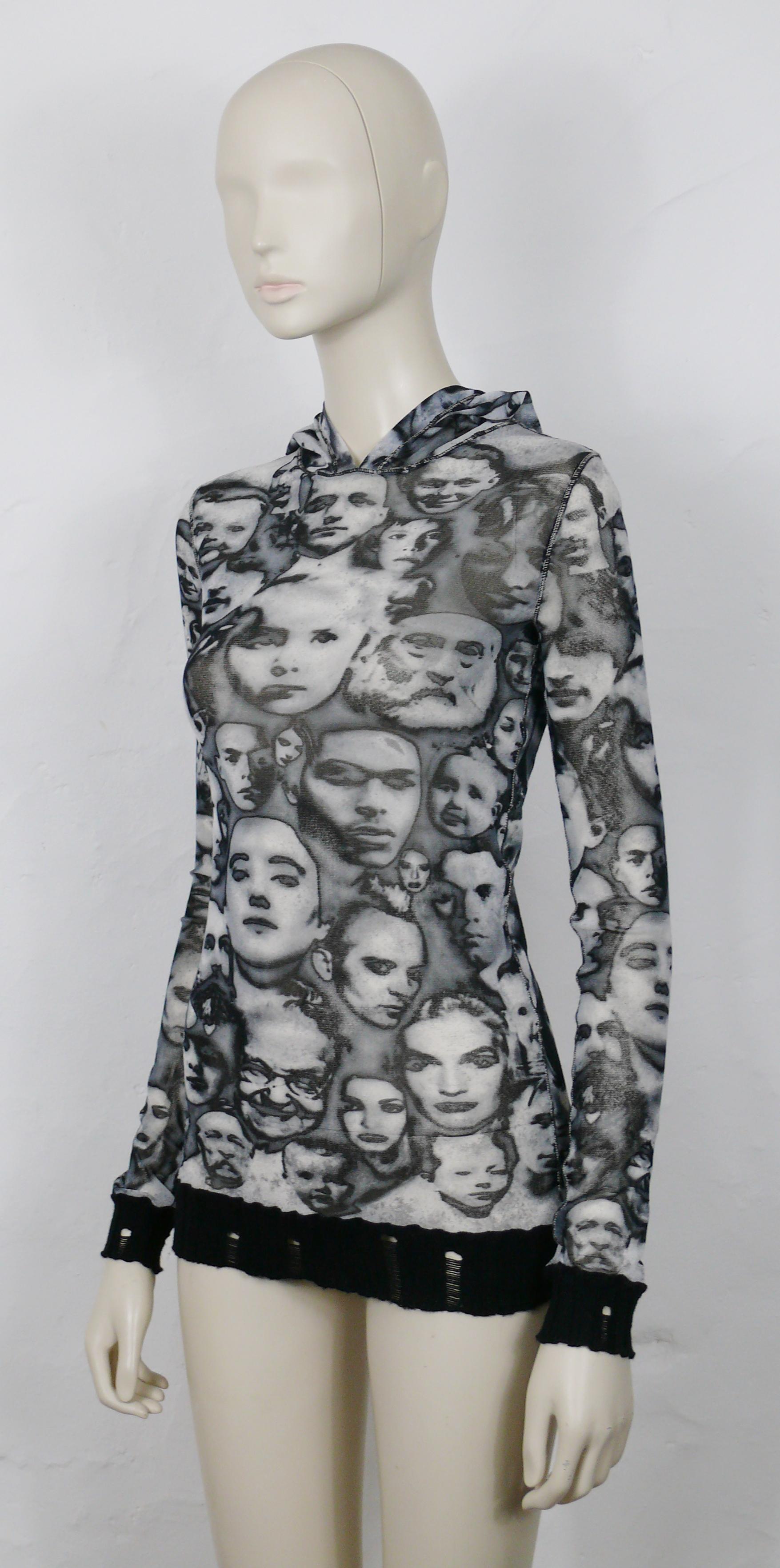 Jean Paul Gaultier Jeans Vintage Iconic Faces Print Mesh Hooded Top Taglia S in vendita 6