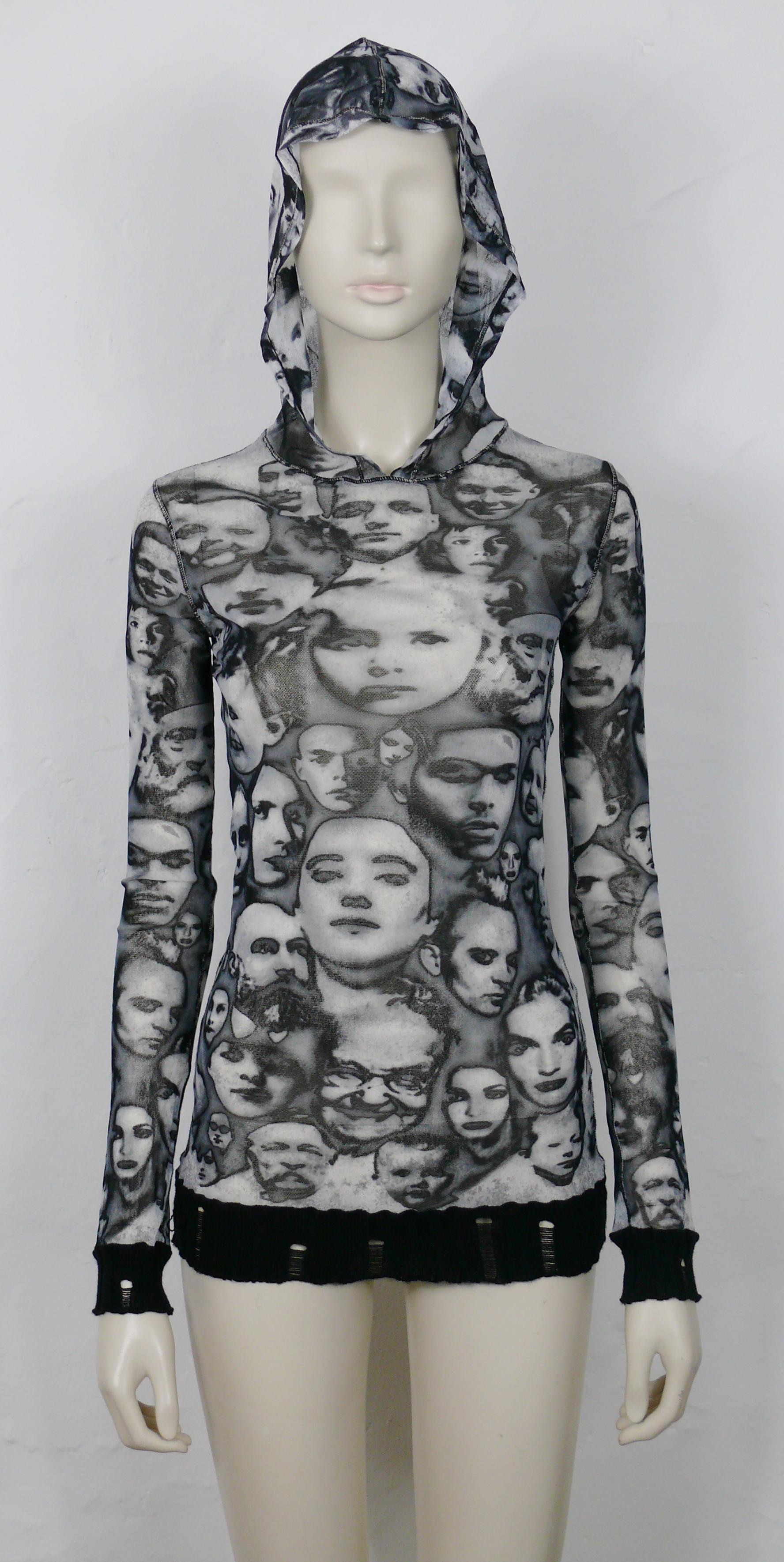 Grigio Jean Paul Gaultier Jeans Vintage Iconic Faces Print Mesh Hooded Top Taglia S in vendita