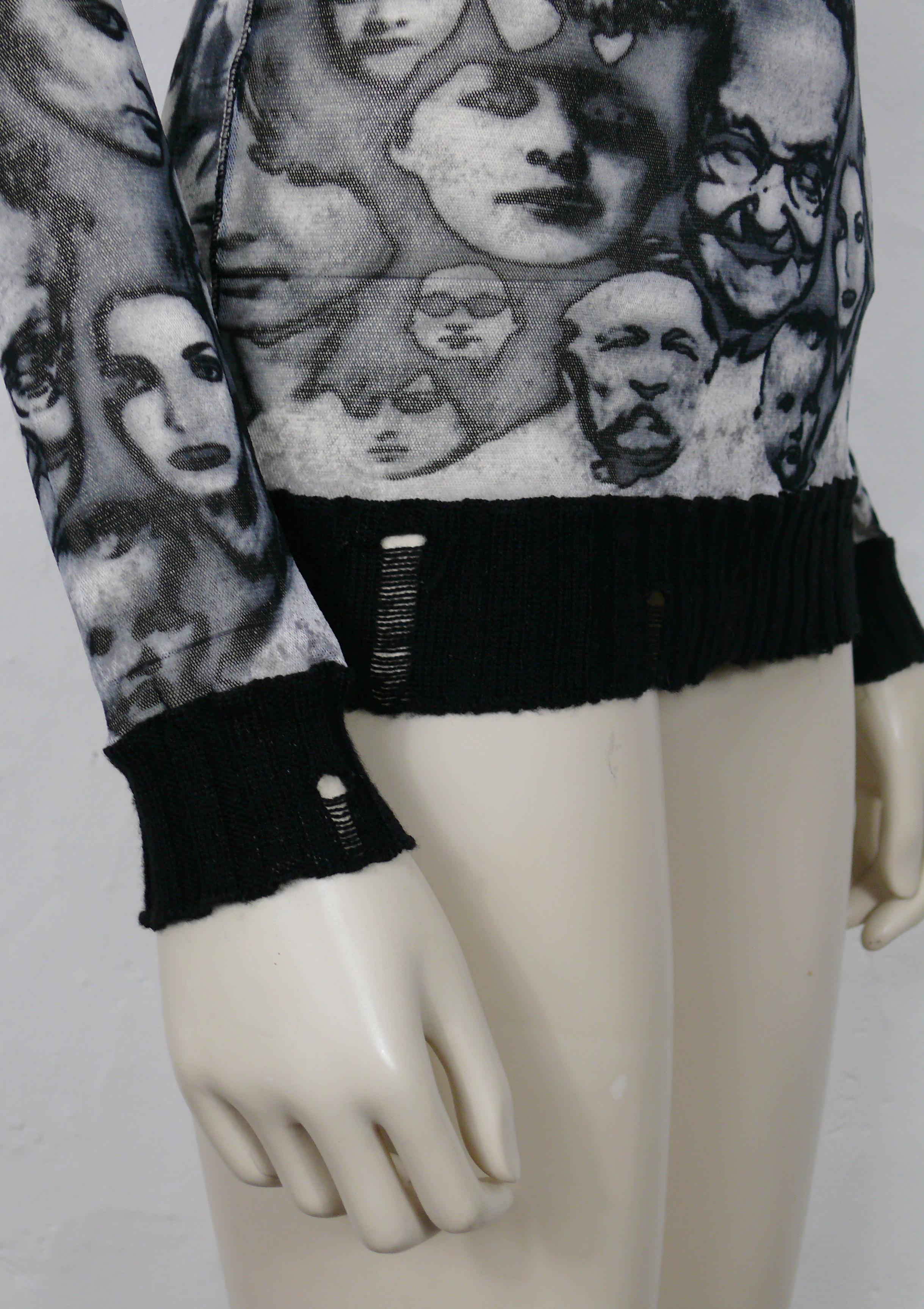 Gray Jean Paul Gaultier Maille Vintage Iconic Faces Print Mesh Hooded Top Size S For Sale