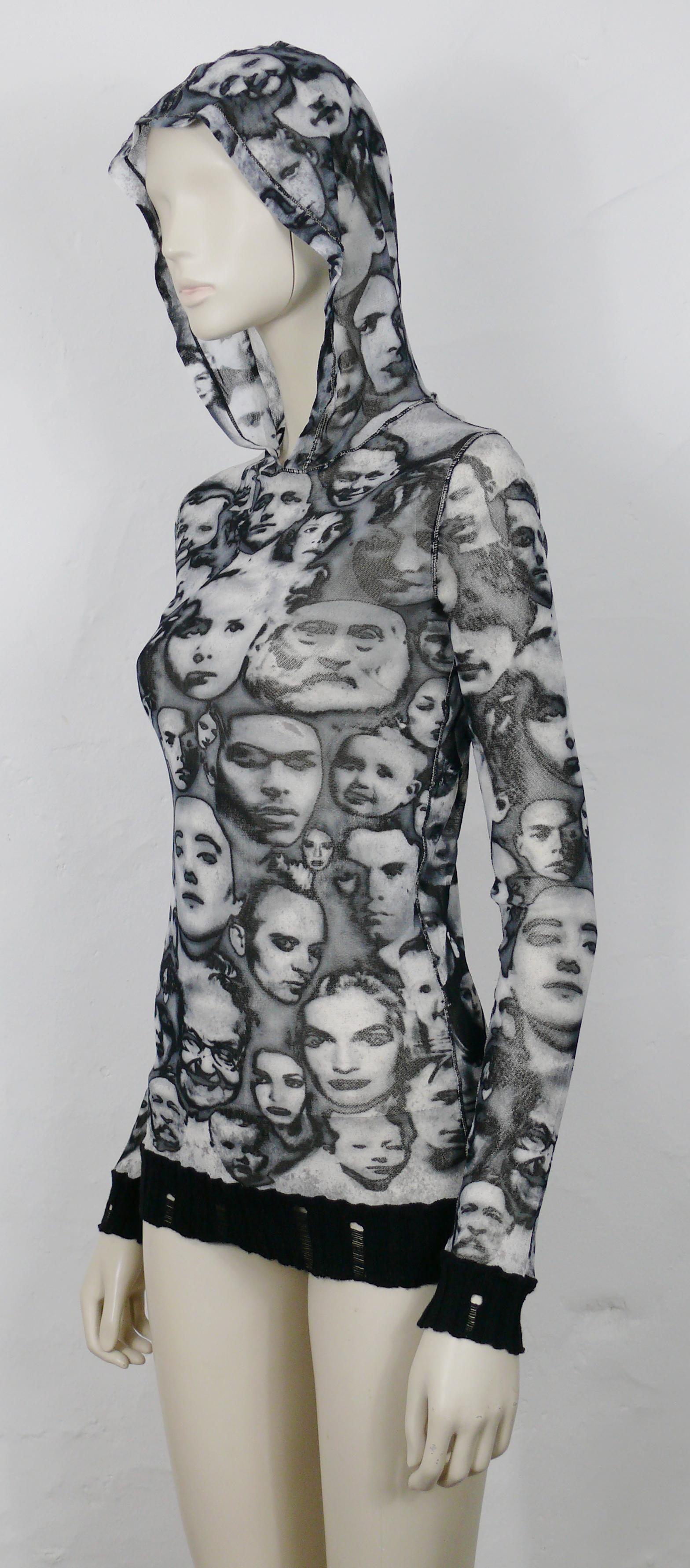 Jean Paul Gaultier Maille Vintage Iconic Faces Print Mesh Hooded Top Size S In Good Condition For Sale In Nice, FR