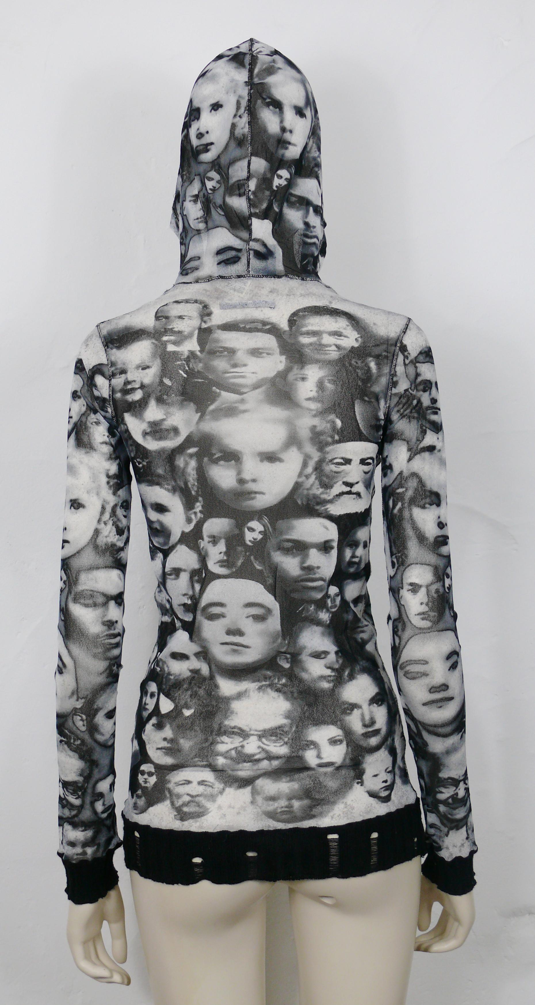 Jean Paul Gaultier Jeans Vintage Iconic Faces Print Mesh Hooded Top Taglia S in vendita 1