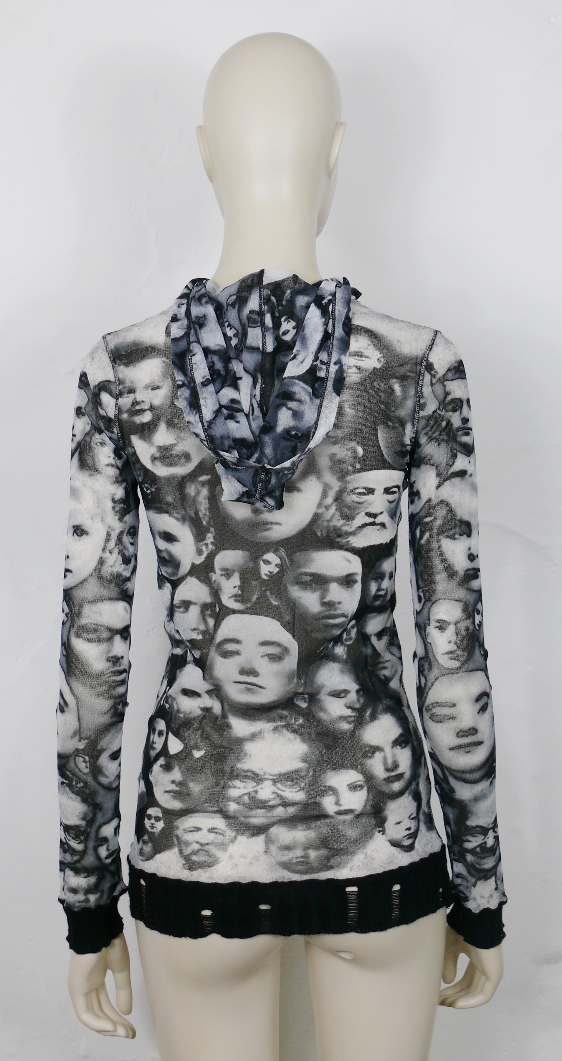 Jean Paul Gaultier Maille Vintage Iconic Faces Print Mesh Hooded Top Size S For Sale 2