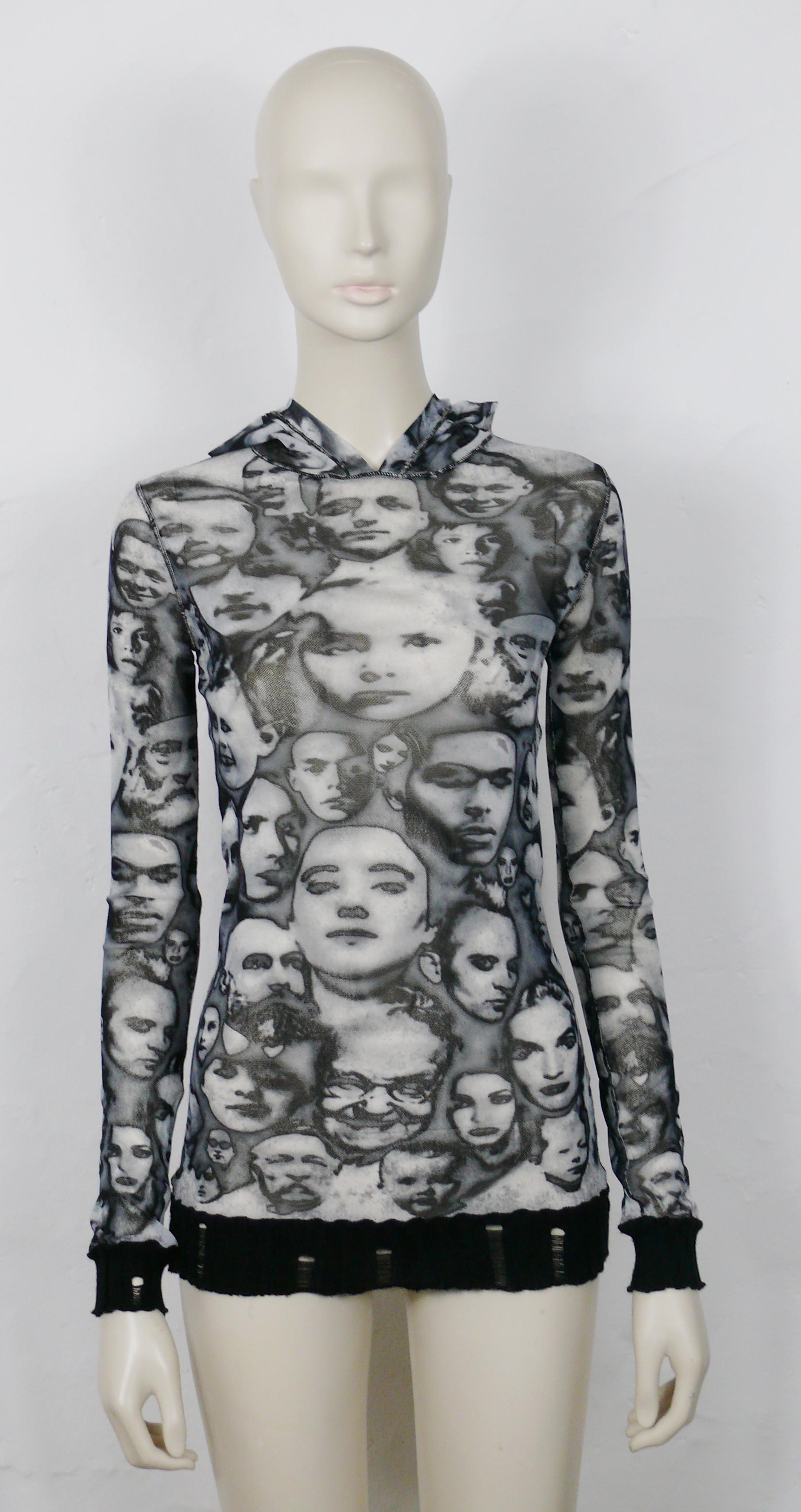 Jean Paul Gaultier Jeans Vintage Iconic Faces Print Mesh Hooded Top Taglia S in vendita 4