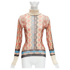JEAN PAUL GAULTIER Maille Vintage red paisley sheer mesh cable knit turtleneck S