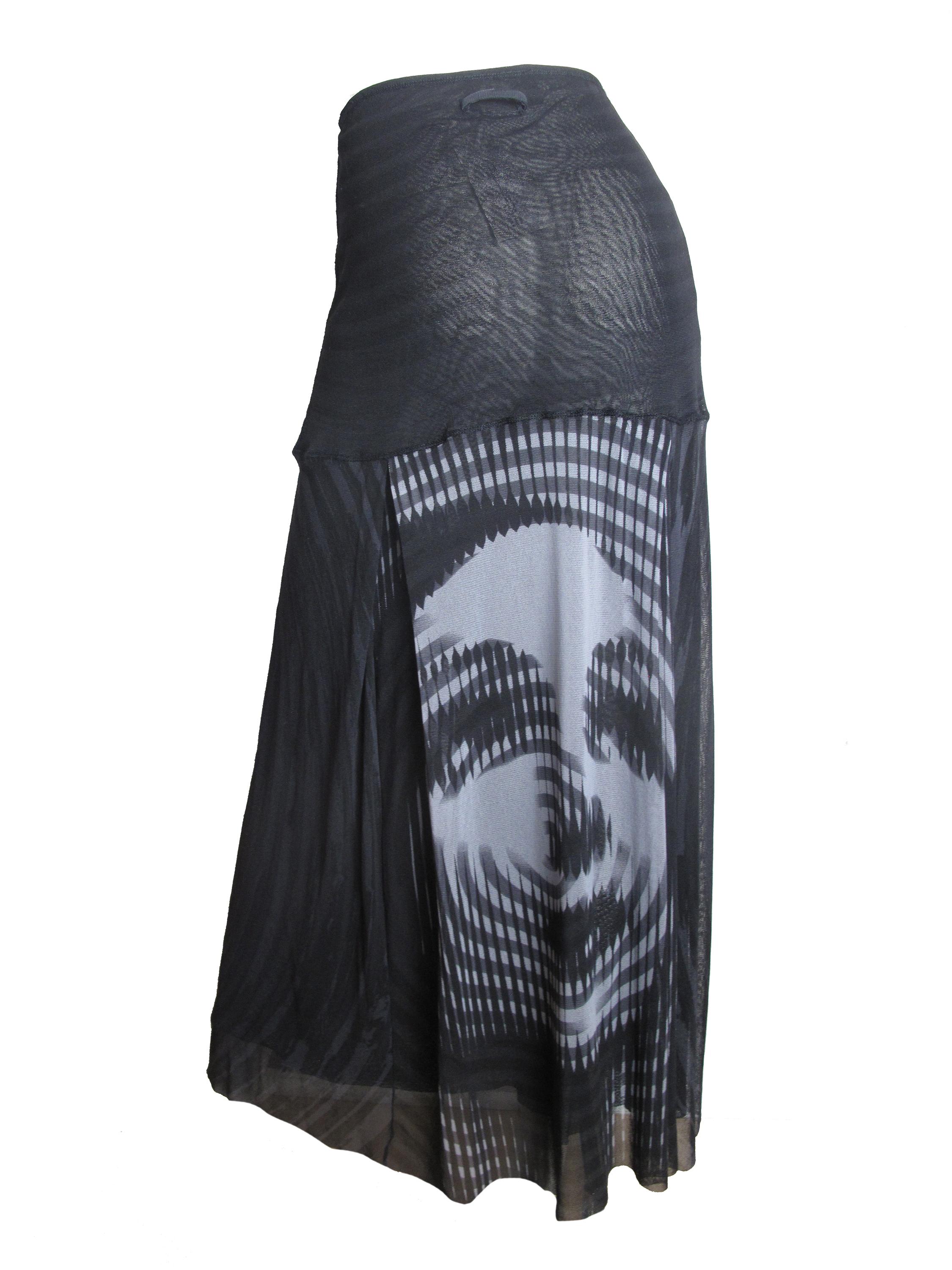 Jean Paul Gaultier black stretchy sheer mesh skirt with Marlene Dietrich print. Condition: Excellent. Size M 
