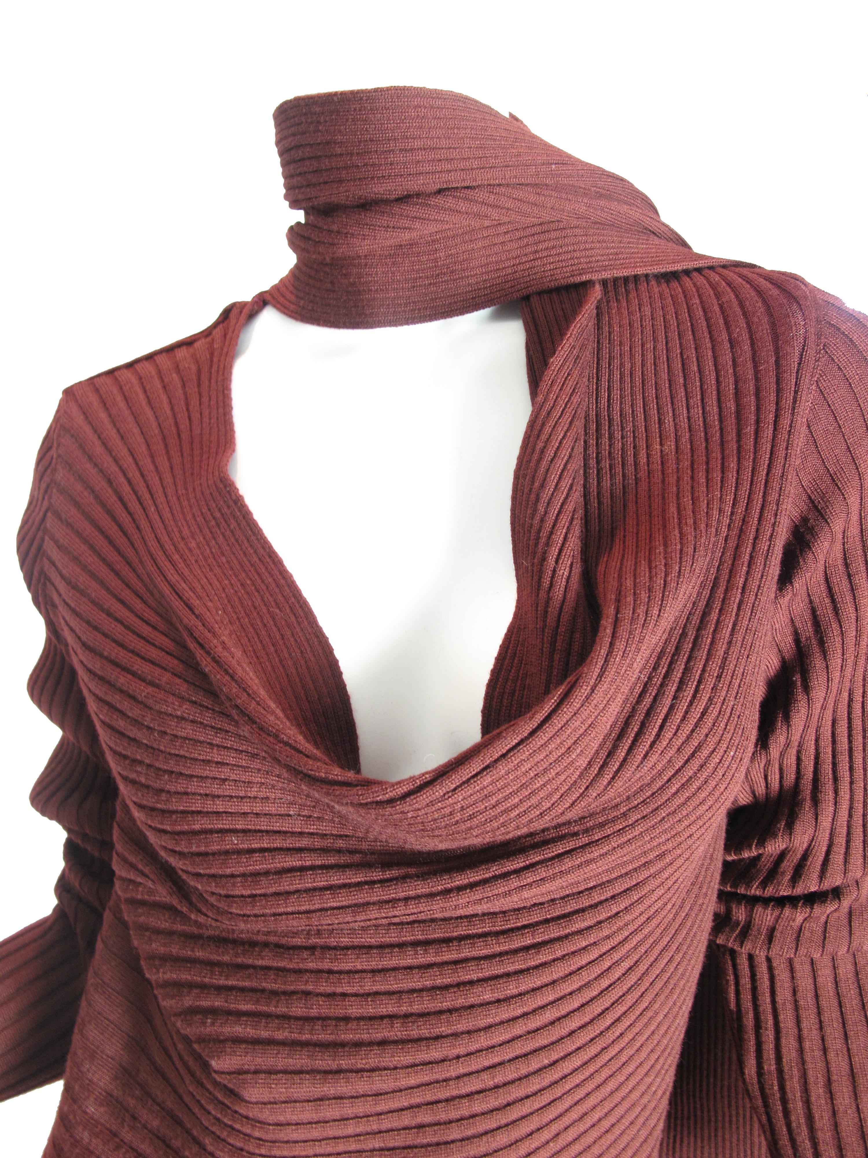 Jean Paul Gaultier Maille maroon knit dress with fringe and long attached scarf. 36