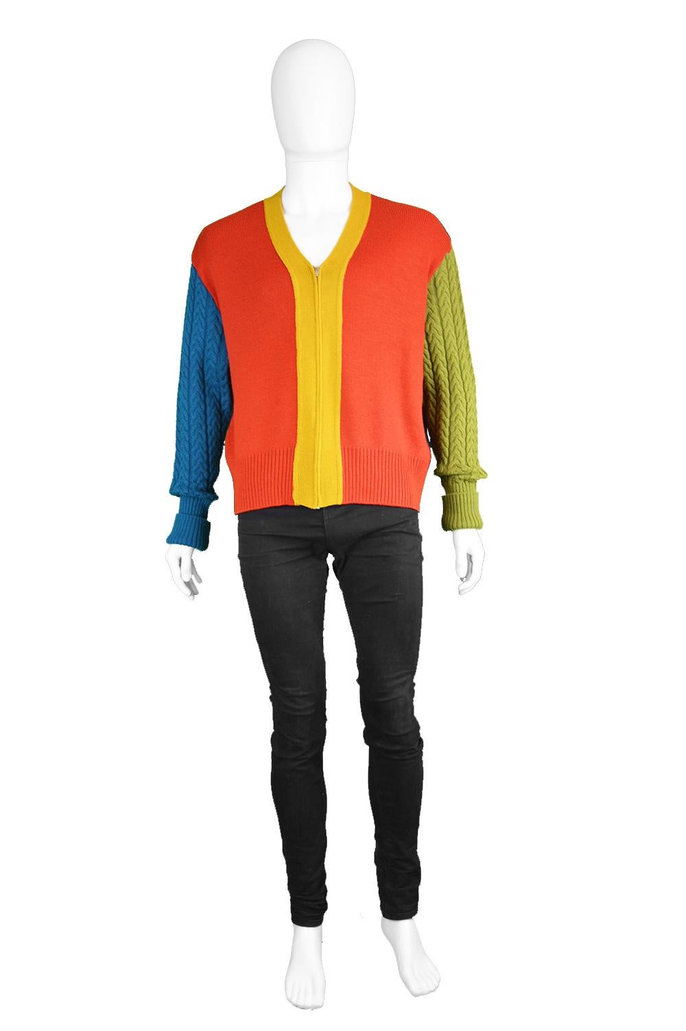 Jean Paul Gaultier Men's Knitted Vintage Colour Blocked Zip Up Cardigan Sweater, 1990s

Size: Marked men's XL but this gives a loose fit, like most cardigans and would look good oversized on a Medium to Large. 
Chest (actual measurement) - Up to 54”