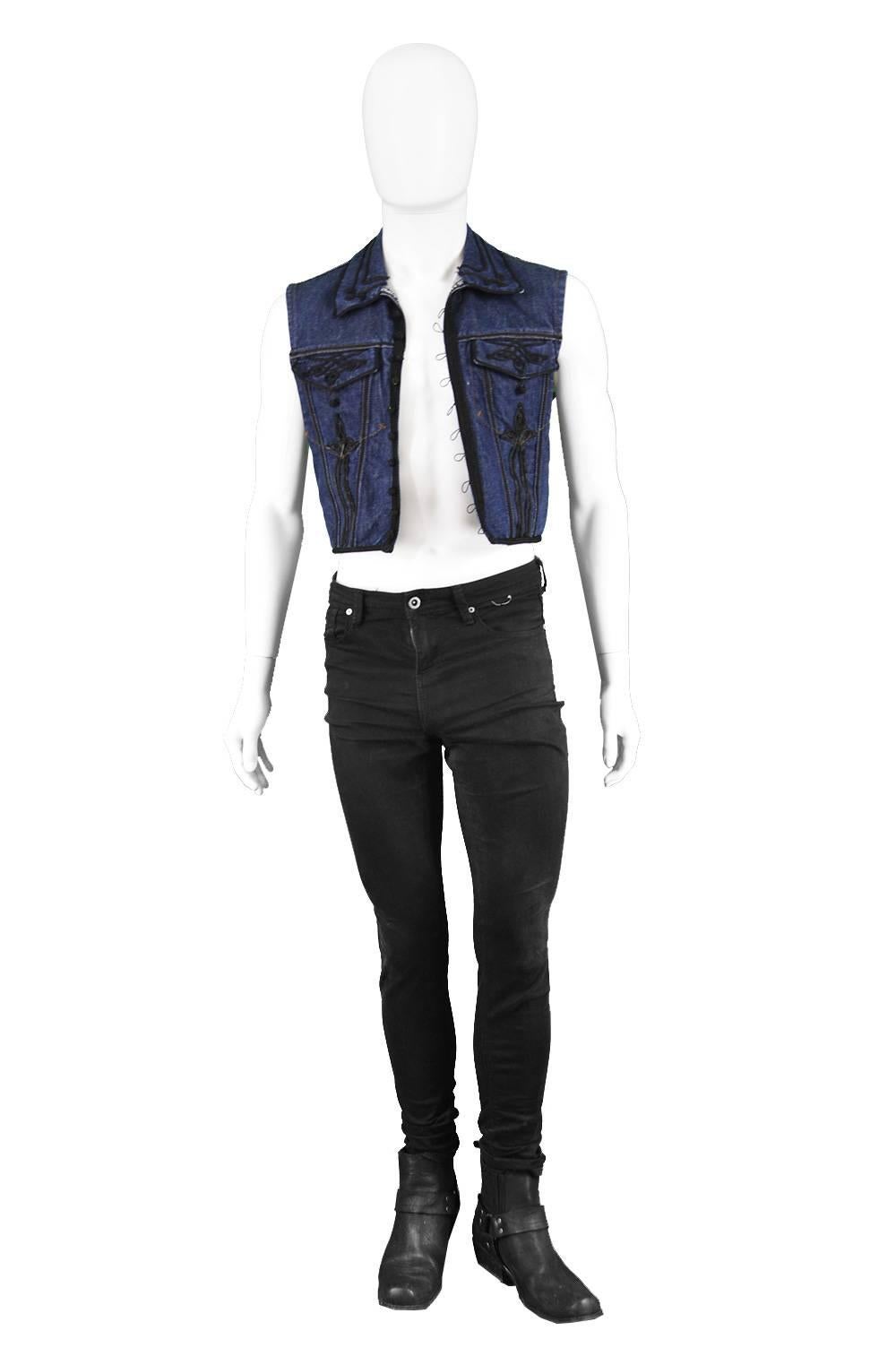 Jean Paul Gaultier Men's Vintage Folk Braid Appliqué Denim Gilet, 1990s 

Size: Marked men's M but fits more like a men's Small or women's Medium. 
Chest - 38” / 96cm
Waist -32” / 81cm
Length (Shoulder to Hem) - 18” / 46cm

Condition: Excellent