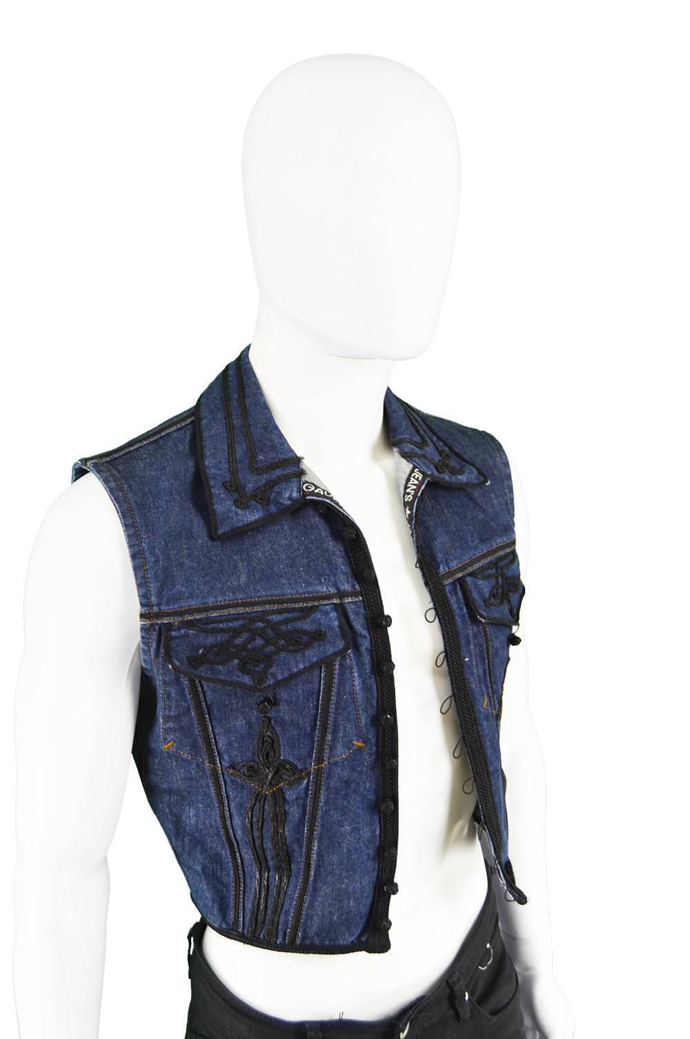 Black Jean Paul Gaultier Men's Vintage Folk Braid Appliqué Denim Vest, 1990s  For Sale