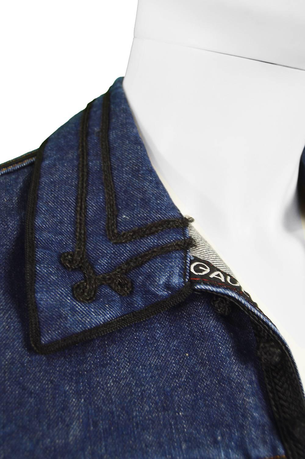 Jean Paul Gaultier Men's Vintage Folk Braid Appliqué Denim Vest, 1990s  In Excellent Condition For Sale In Doncaster, South Yorkshire