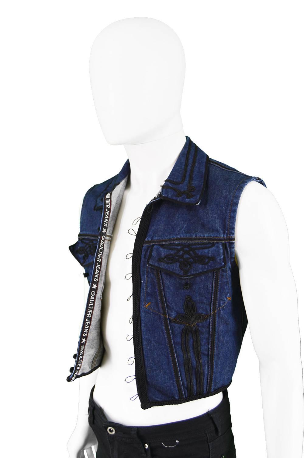 Jean Paul Gaultier Men's Vintage Folk Braid Appliqué Denim Vest, 1990s  For Sale 1