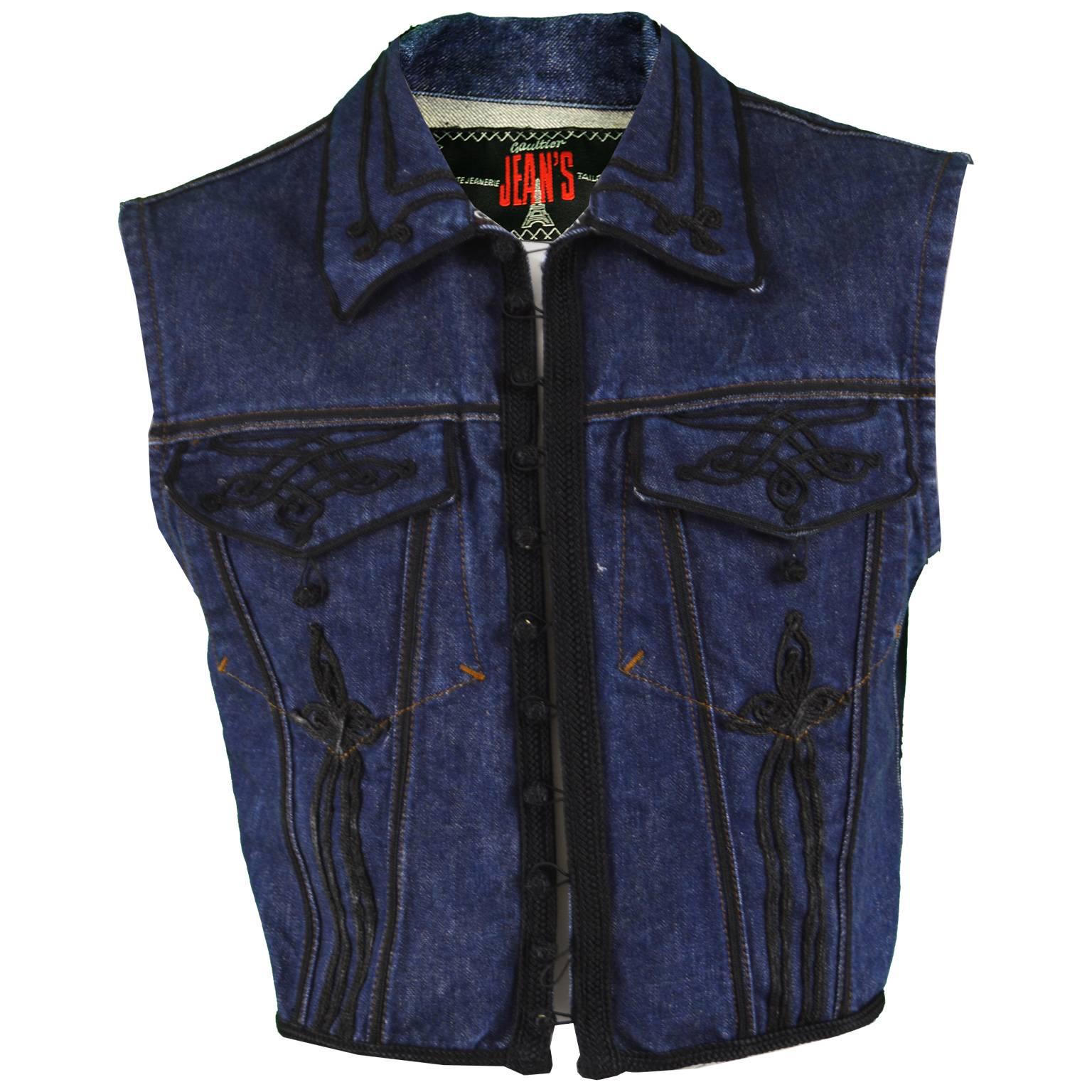 Jean Paul Gaultier Men's Vintage Folk Braid Appliqué Denim Vest, 1990s  For Sale