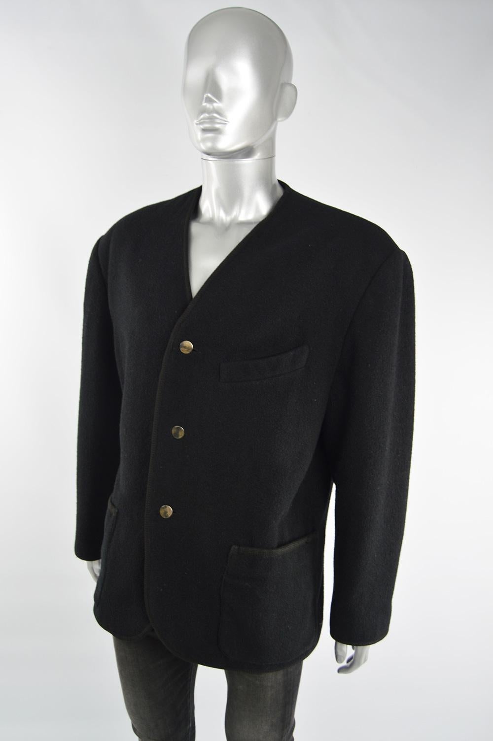 Black Jean Paul Gaultier Men's Vintage Wool Collarless Shoulder Padded Jacket, 1980s For Sale