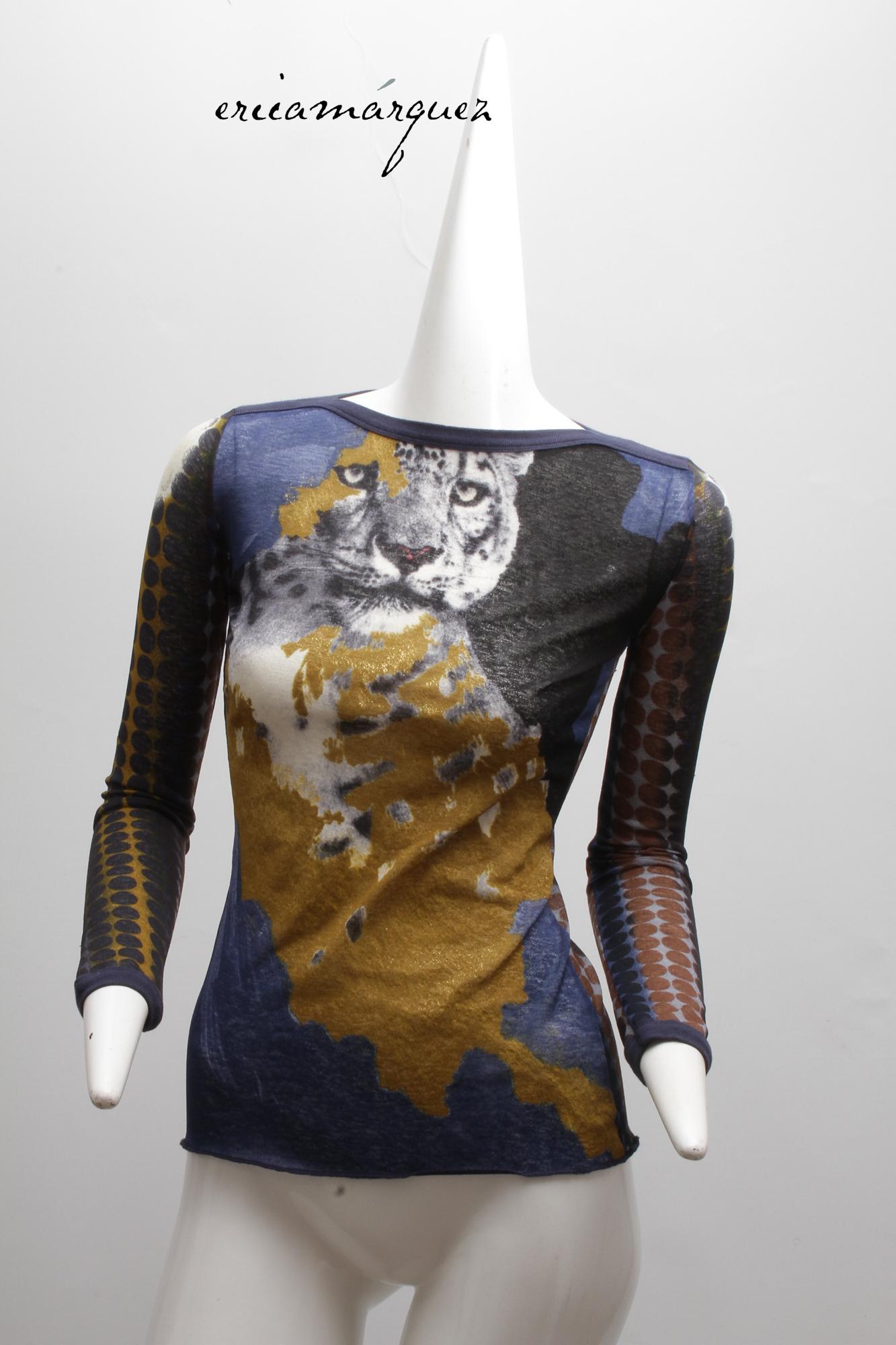 JEAN PAUL GAULTIER, Mesh Cyber Dot Leopard Print Long Sleeve Top, 1996 In Good Condition For Sale In Kingston, NY