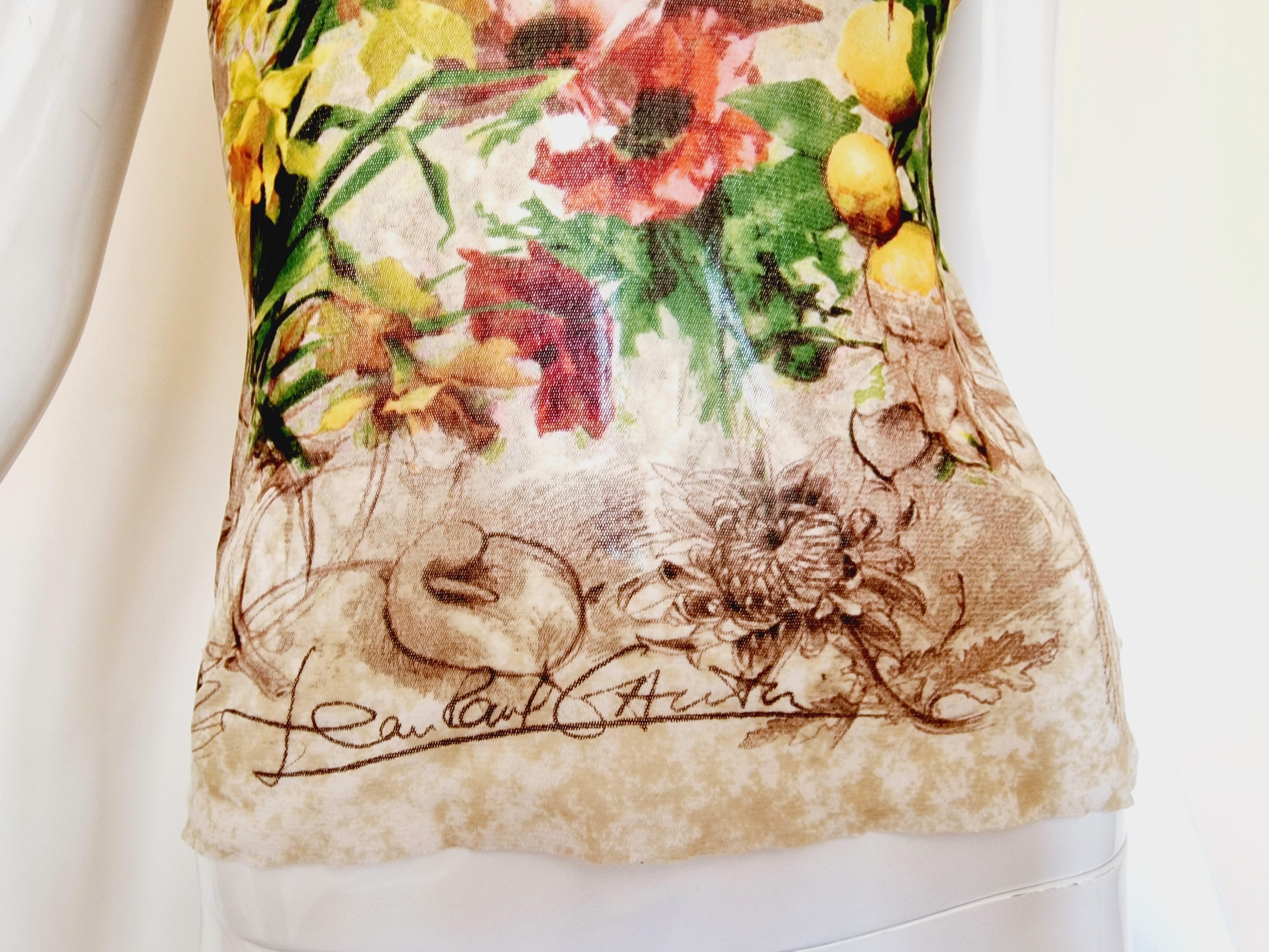 Jean Paul Gaultier Mesh Floral Flower Rose Butterfly Vintage 1999 SS Tee Top  In Excellent Condition For Sale In PARIS, FR