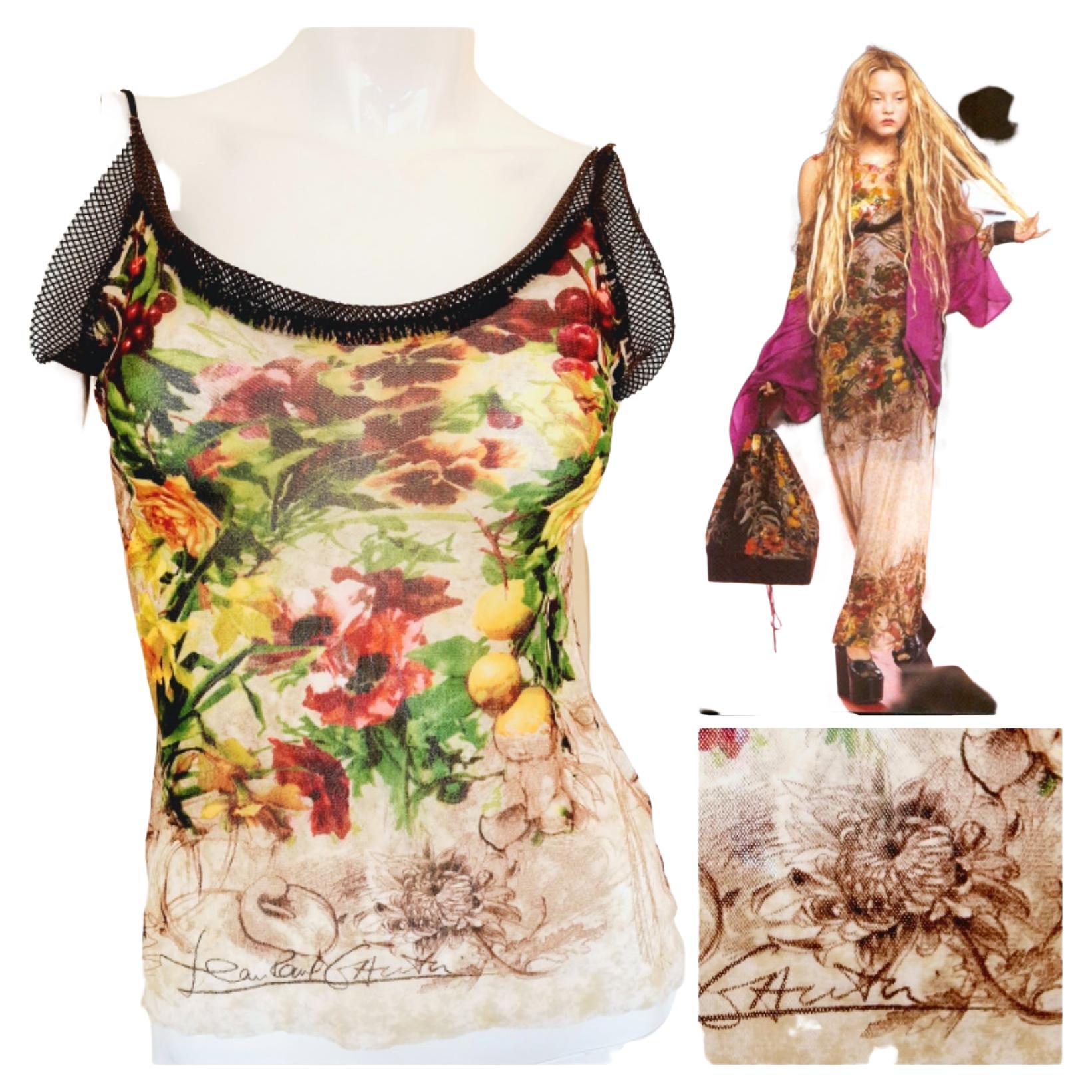 Jean Paul Gaultier Mesh Floral Flower Rose Butterfly Vintage 1999 SS Tee Top  For Sale