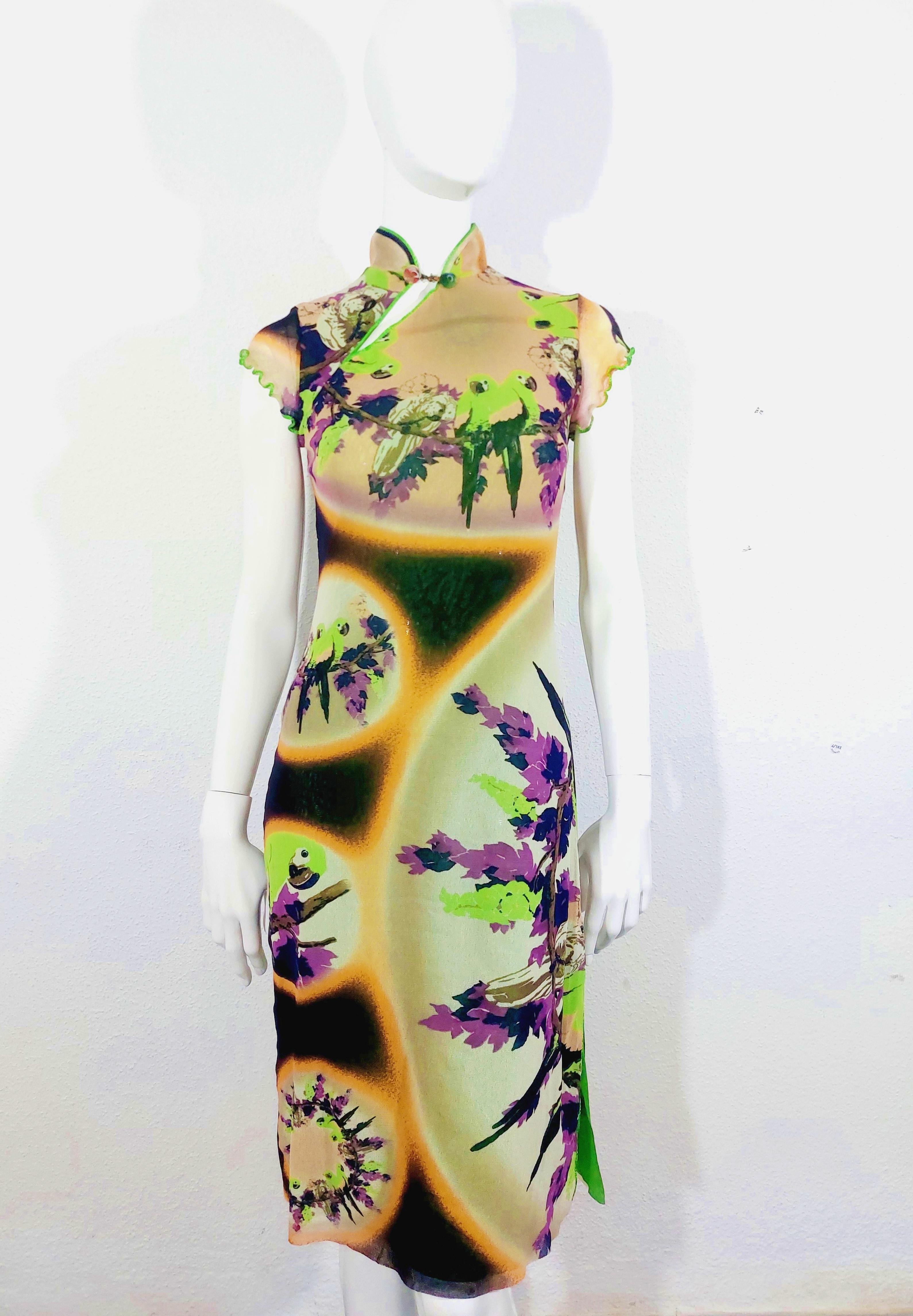 Jean Paul Gaultier Mesh Kimono Geisha Tropical Cheongsam Parrot Dress 8