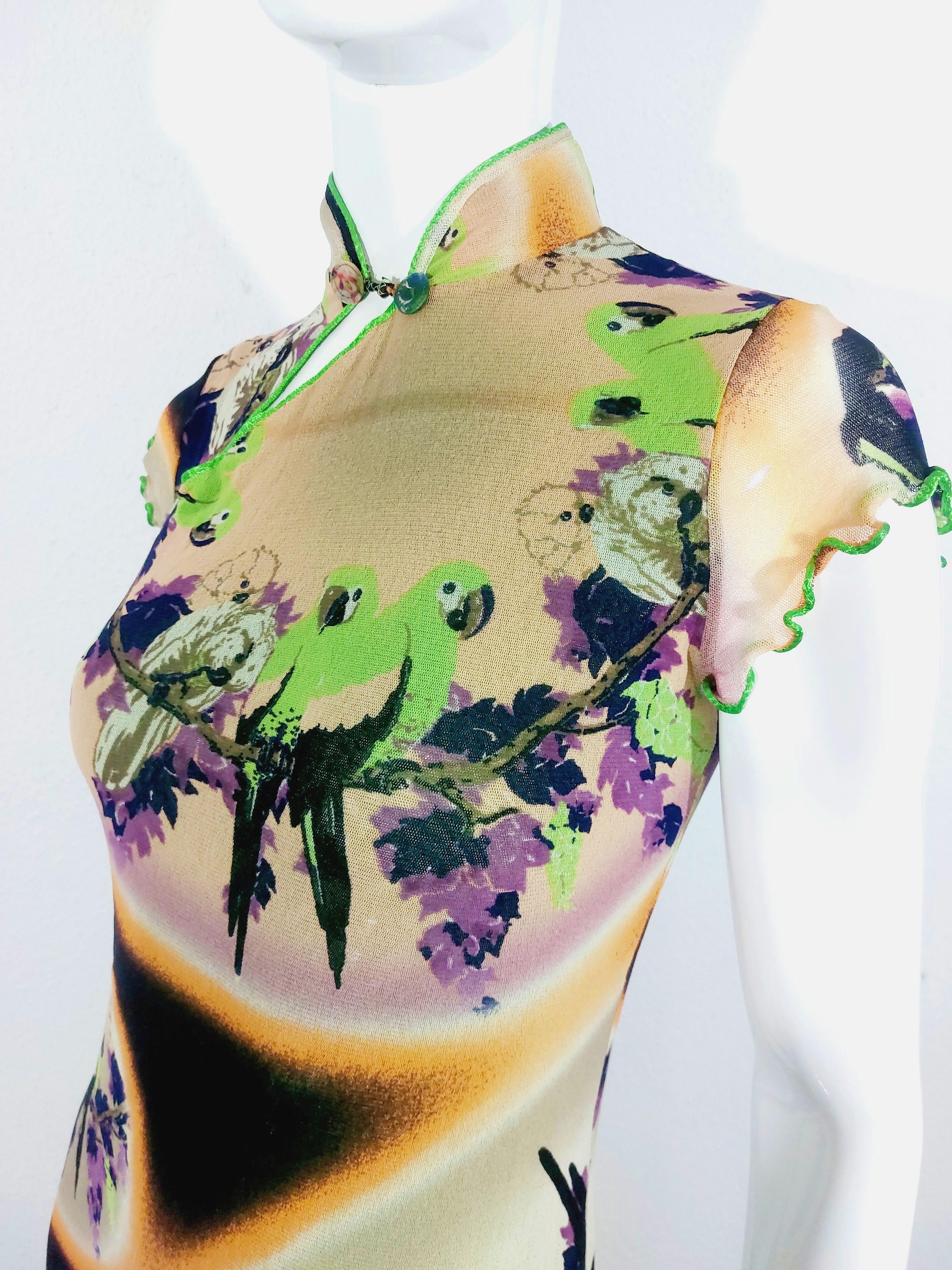 Jean Paul Gaultier Mesh Kimono Geisha Tropical Cheongsam Parrot Dress en vente 3
