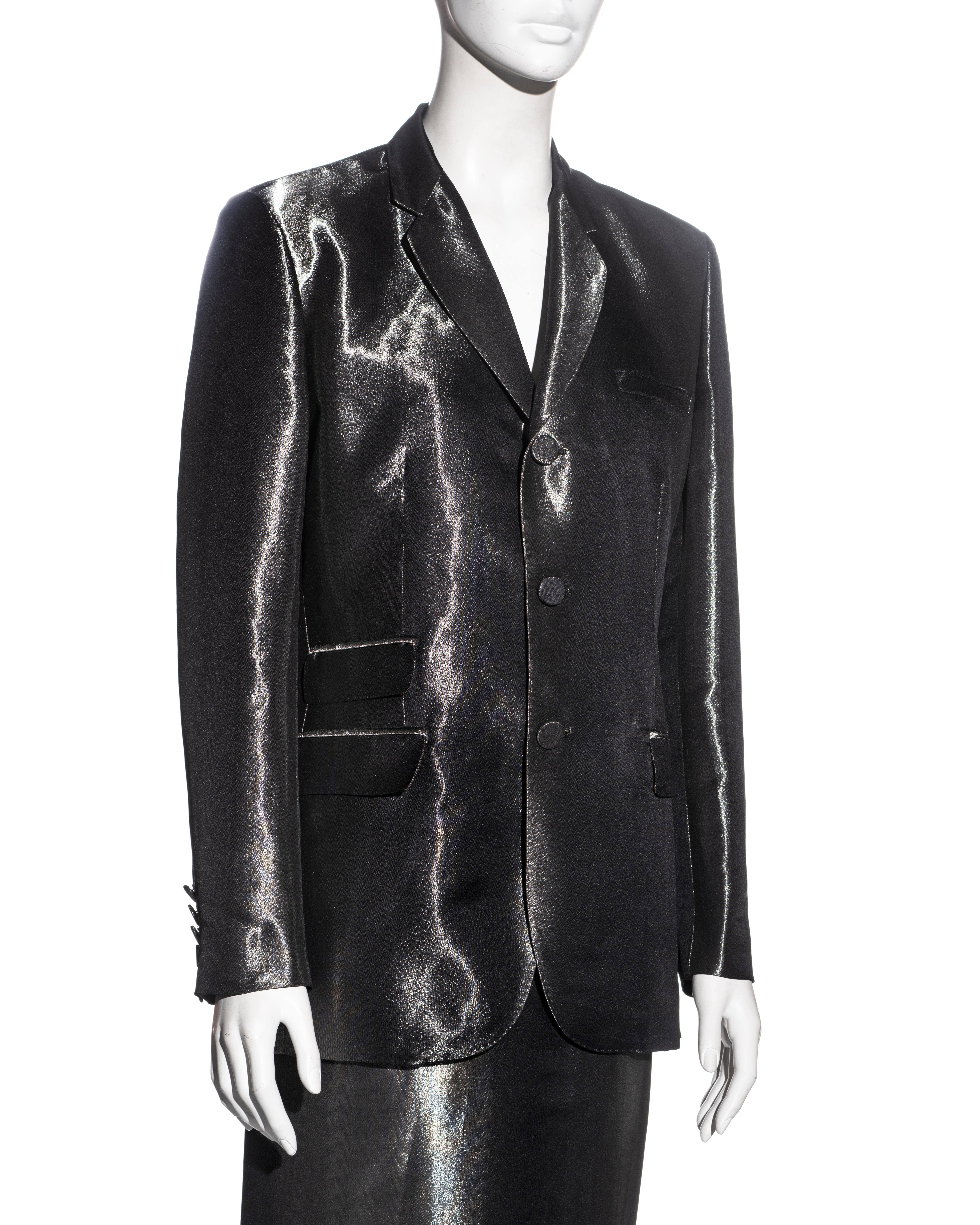 Black Jean Paul Gaultier metallic gunmetal silk skirt suit, fw 1997